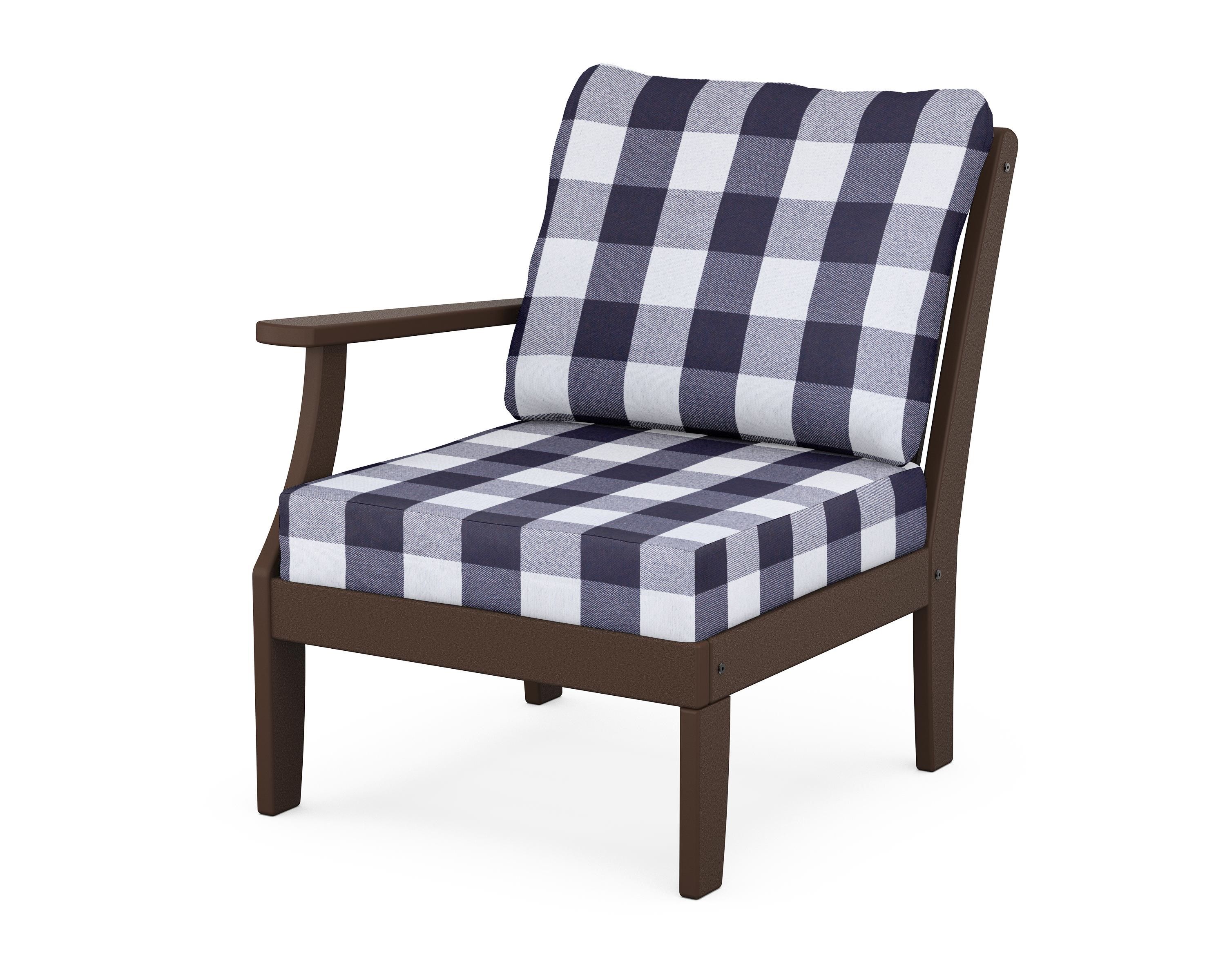 POLYWOOD® Braxton Modular Left Arm Chair in Mahogany / Buffalo Plaid Navy