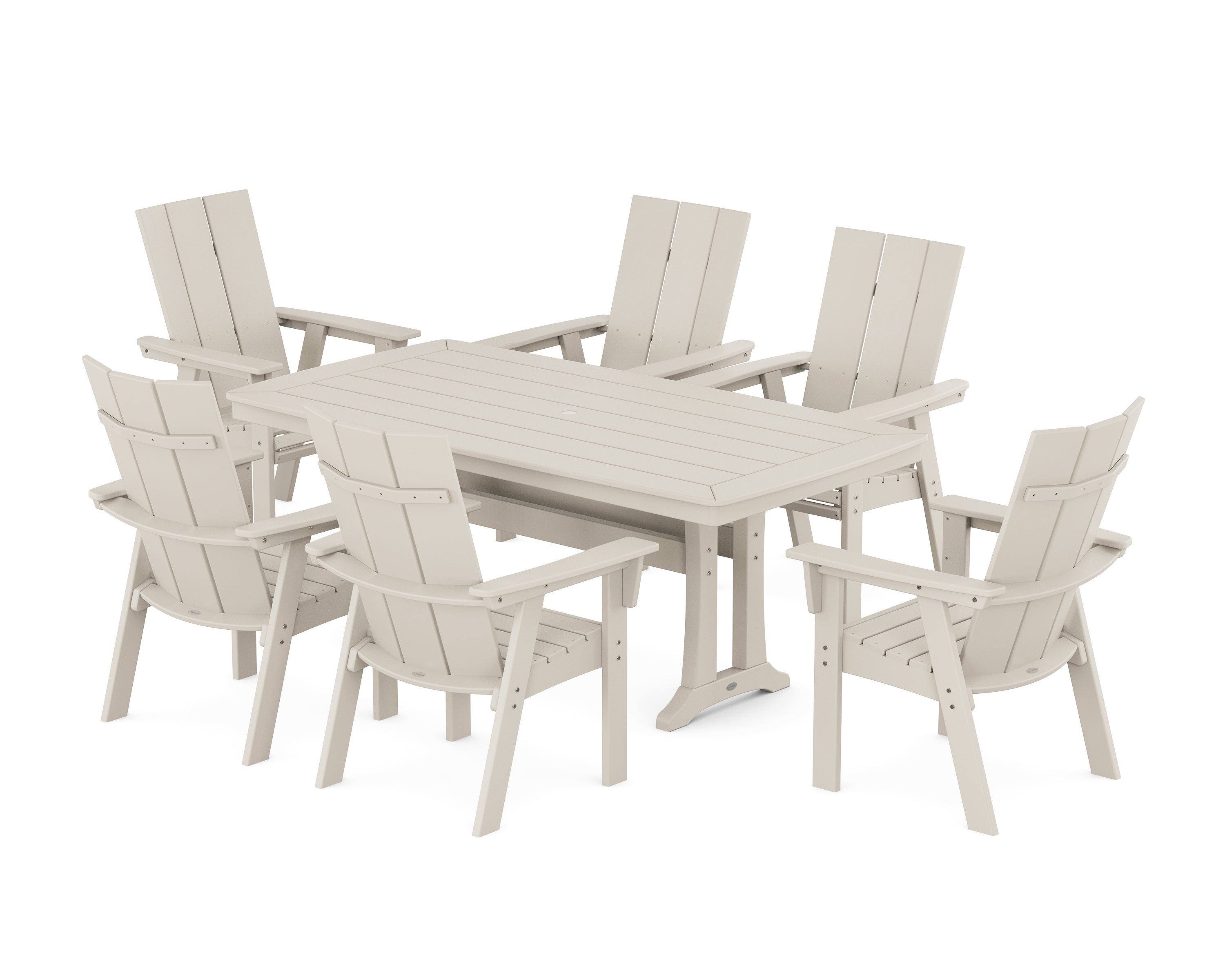 POLYWOOD® Modern Curveback Adirondack 7-Piece Dining Set with Trestle Legs in Sand
