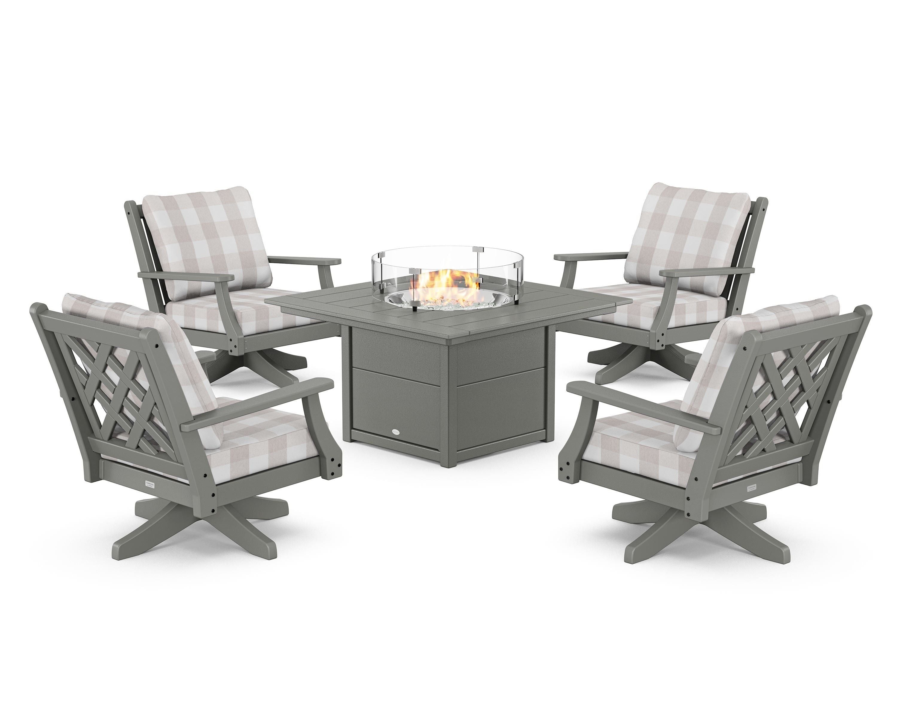 Country Living Wovendale 5-Piece Deep Seating Swivel Conversation Set with Fire Pit Table in Slate Grey / Buffalo Plaid Dune Burlap