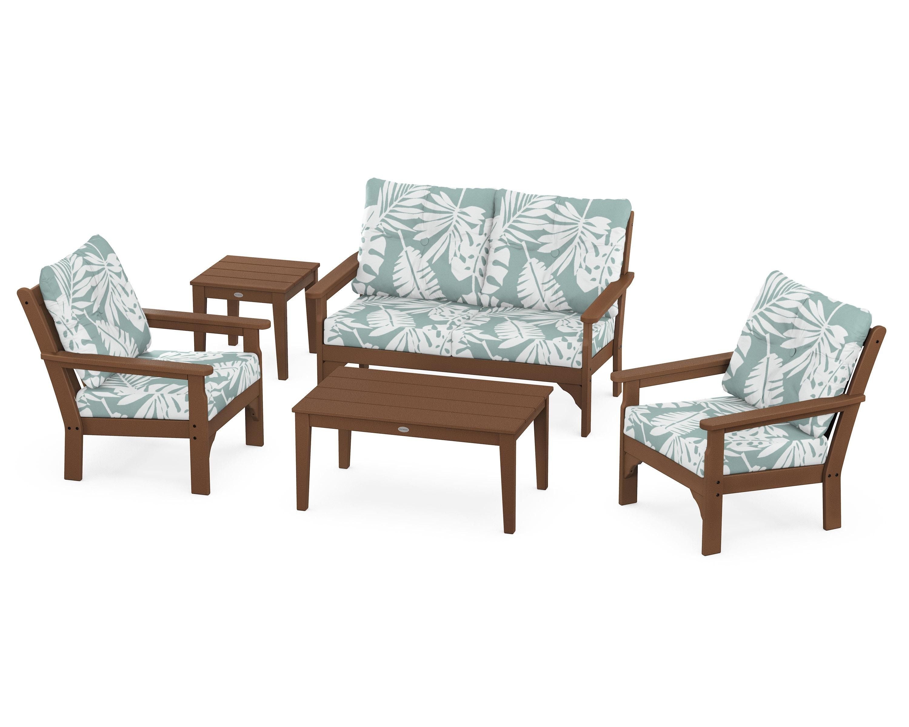 POLYWOOD® Vineyard 5-Piece Deep Seating Set in Teak / Leaf Glacier Spa