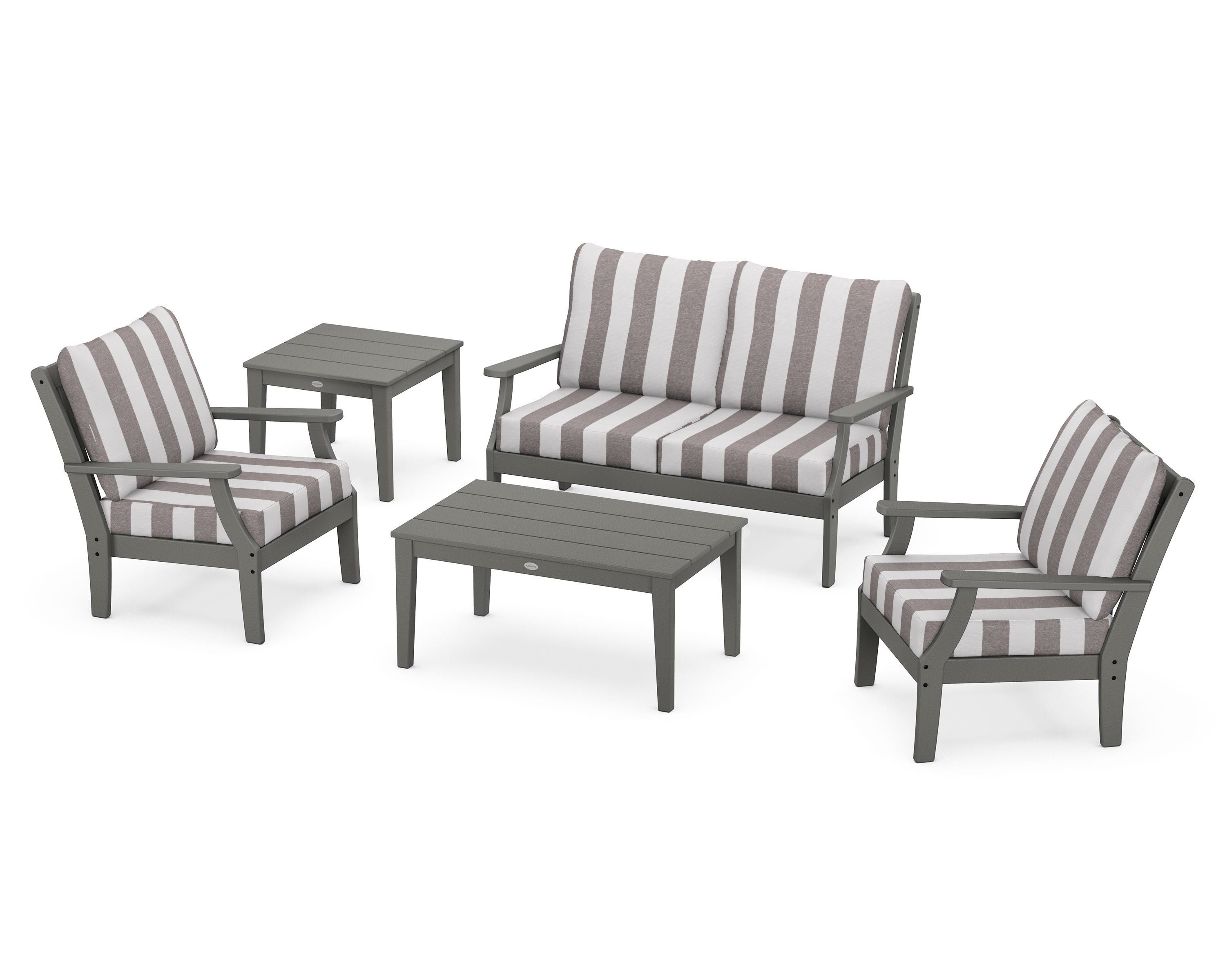 POLYWOOD® Braxton 5-Piece Deep Seating Set in Slate Grey / Cabana Stripe Grey Mist