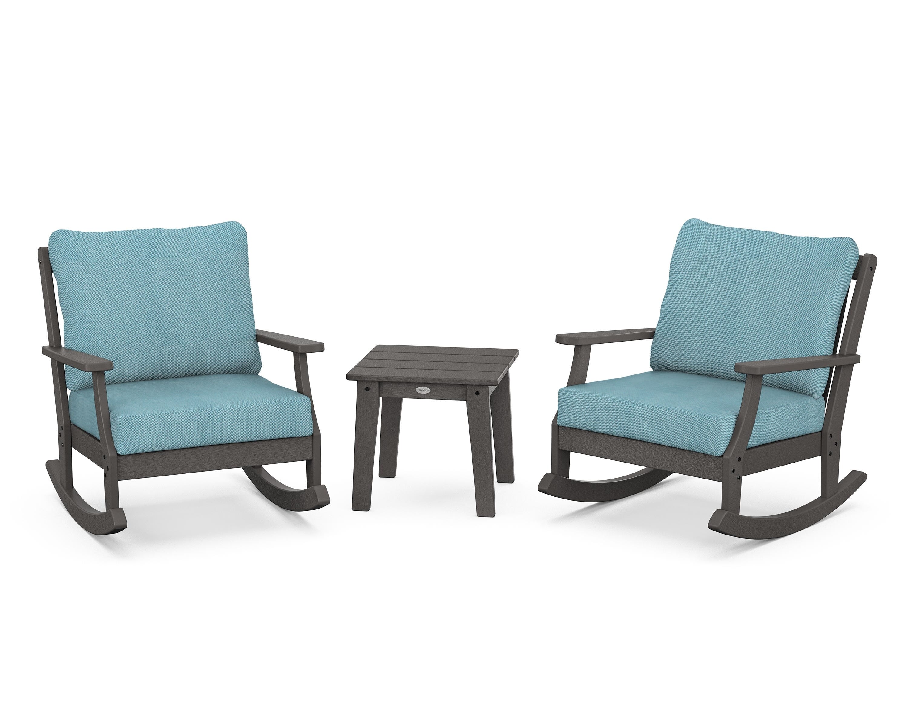 POLYWOOD® Braxton 3-Piece Deep Seating Rocker Set in Vintage Coffee / Lattice Sky Blue