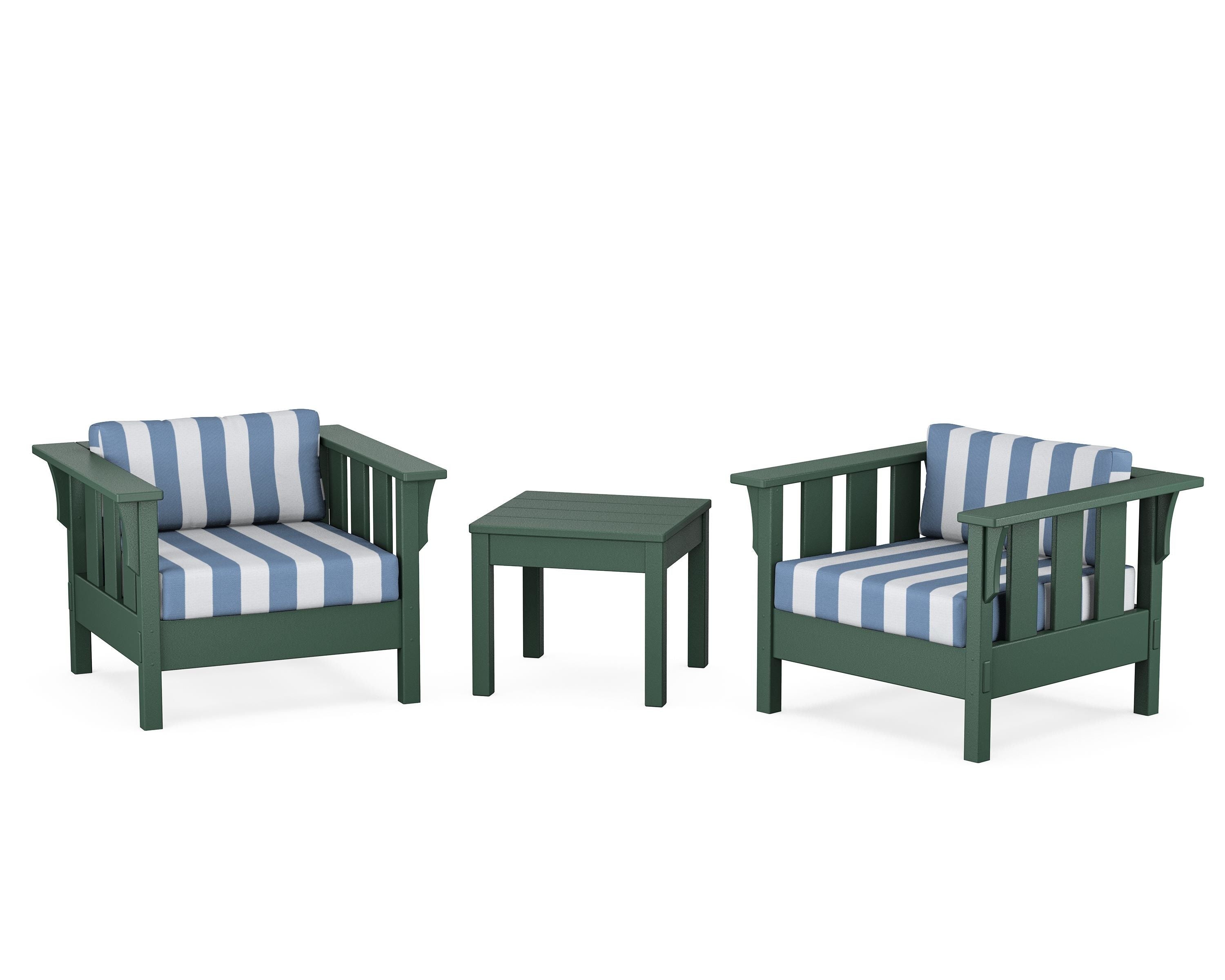 Martha Stewart by POLYWOOD® Acadia 3-Piece Deep Seating Set in Green / Cabana Stripe Sky Blue