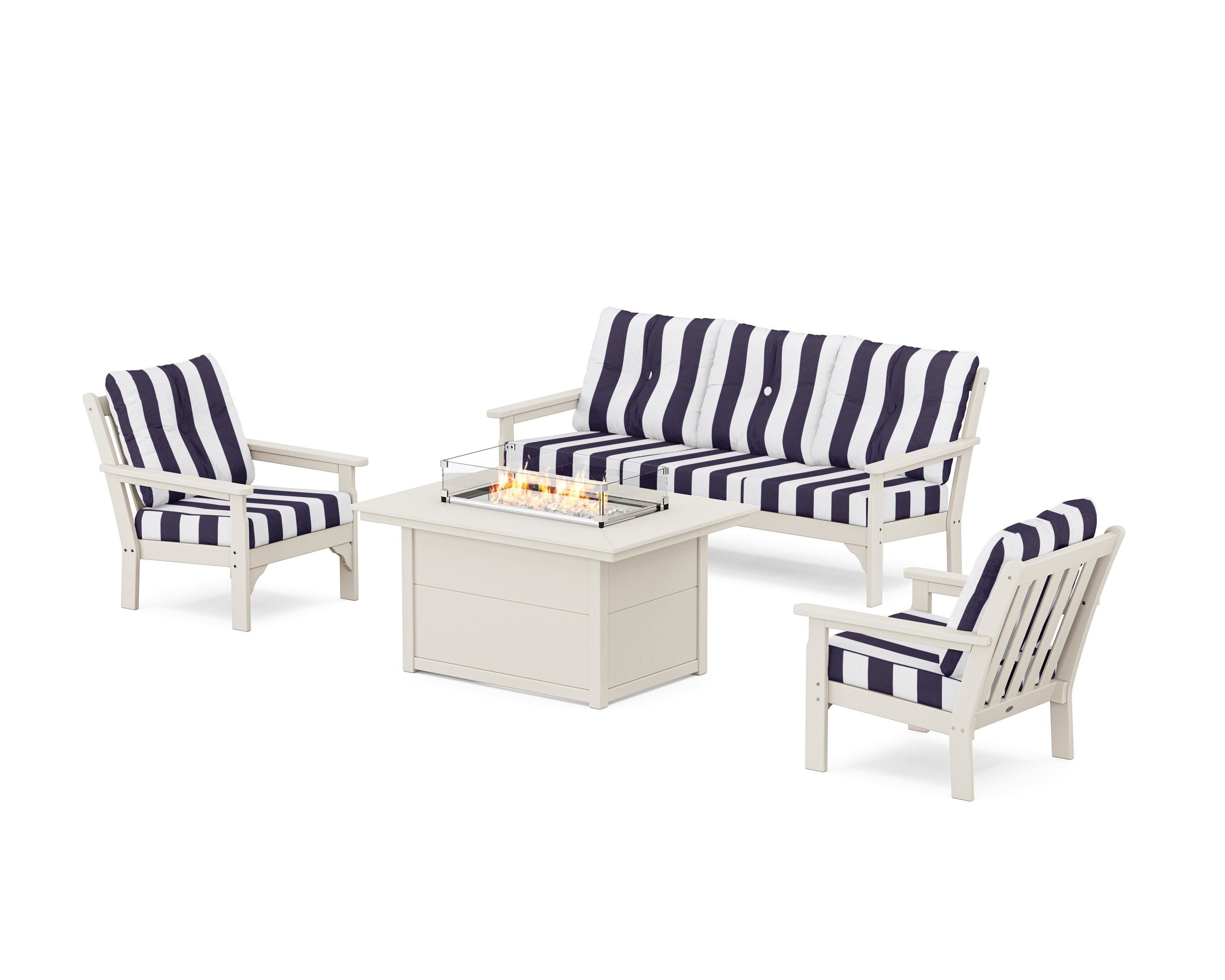 POLYWOOD® Vineyard Deep Seating Fire Pit Table Set in Sand / Cabana Stripe Navy
