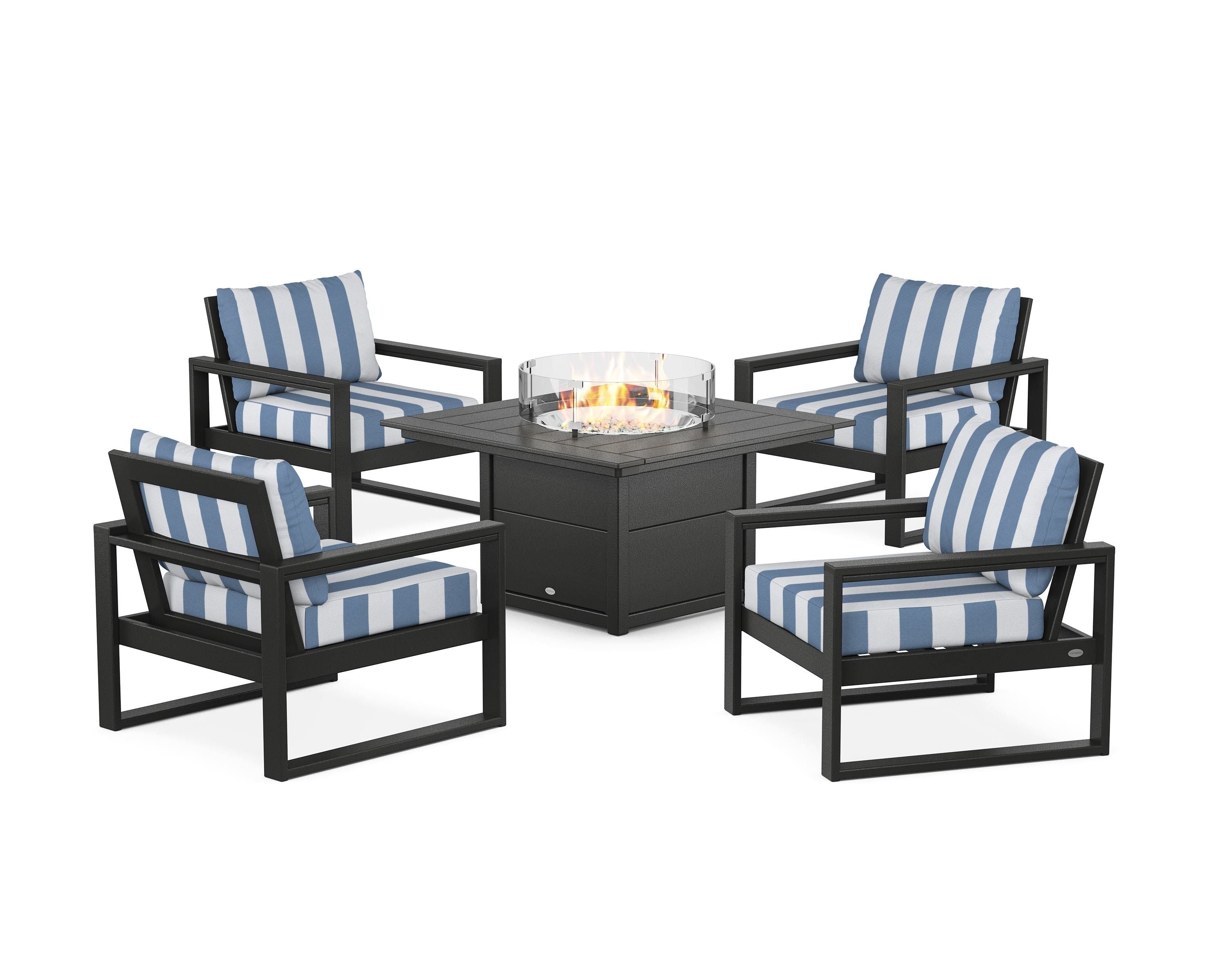 POLYWOOD® EDGE Sectional 5-Piece Deep Seating Set with Fire Pit Table in Black / Cabana Stripe Sky Blue