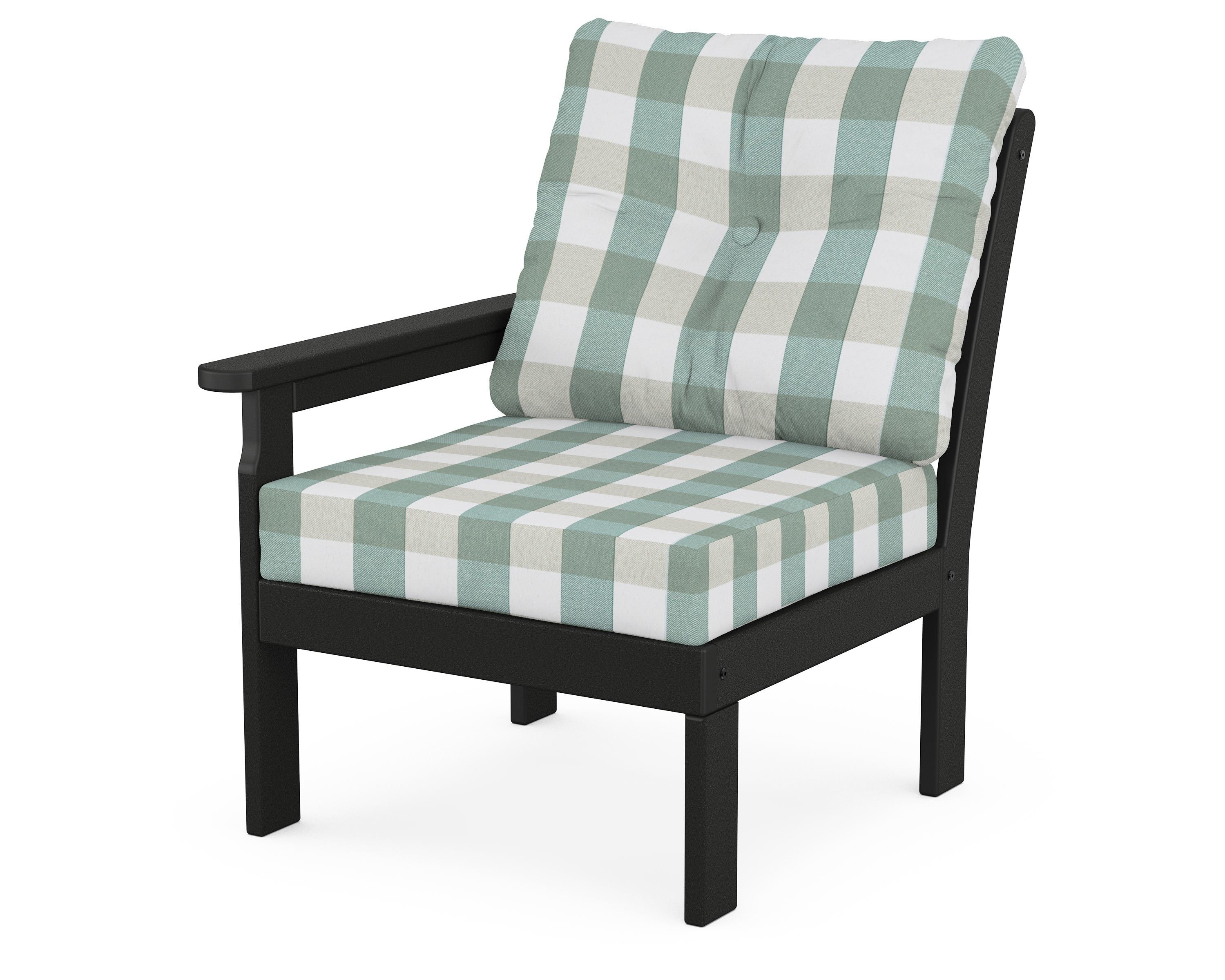 POLYWOOD® Vineyard Modular Left Arm Chair in Black / Buffalo Plaid Glacier Spa