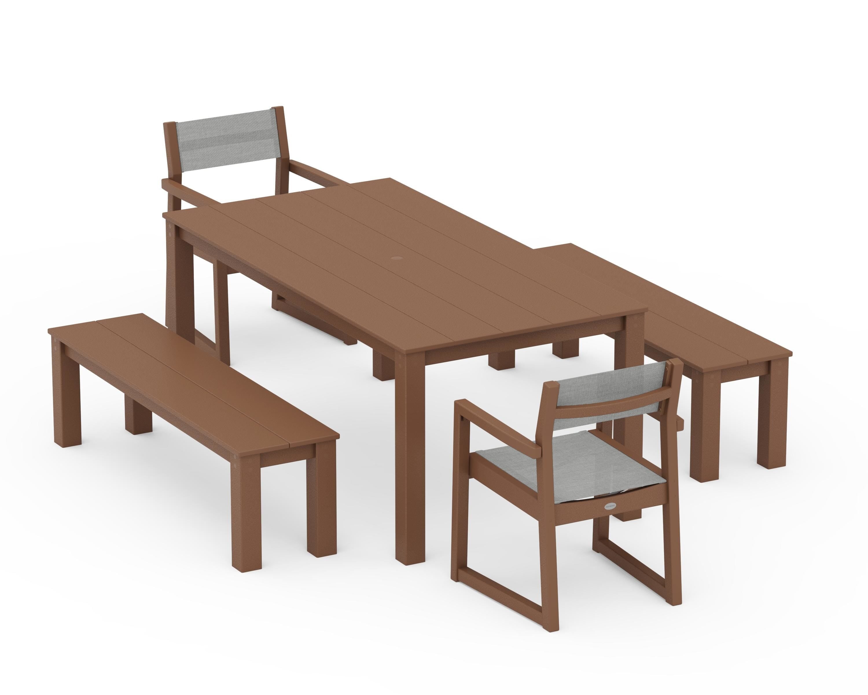 POLYWOOD® EDGE Sling Arm Chair 5-Piece Parsons Dining Set with Benches in Teak / Metallic Sling