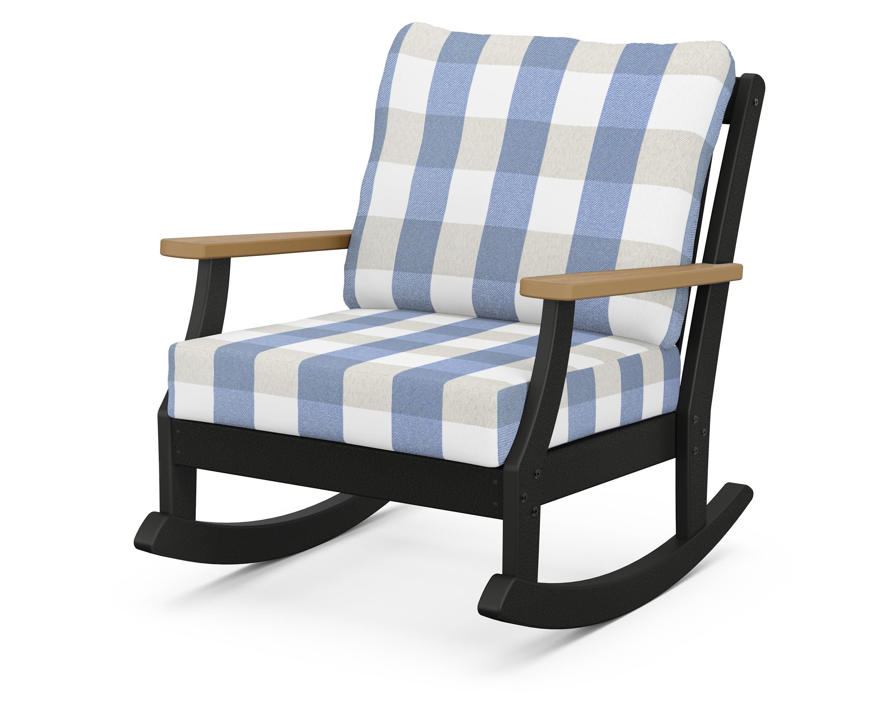 POLYWOOD® Braxton Deep Seating Rocking Chair in Black / Natural / Buffalo Plaid Sky Blue