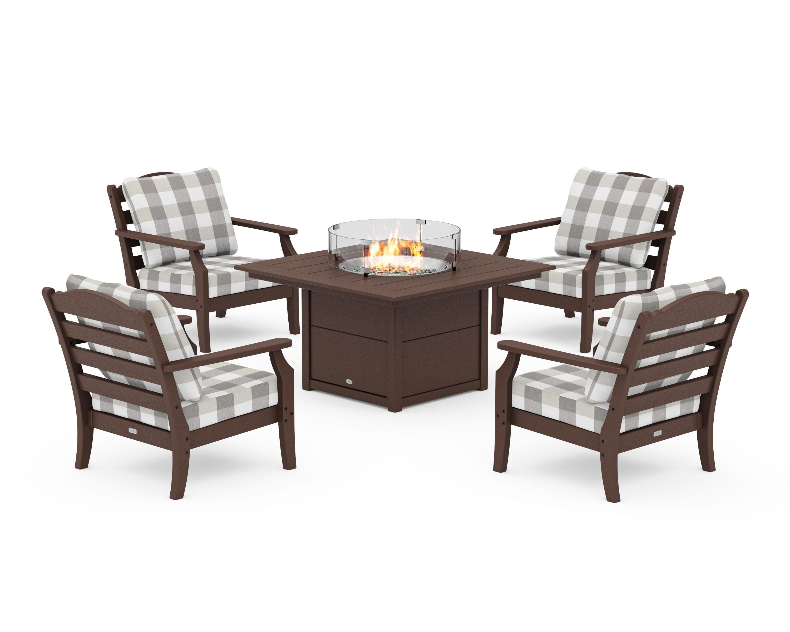 Draper James™ by POLYWOOD® Savannah 5-Piece Deep Seating Set with Fire Pit Table in Mahogany / Buffalo Plaid Grey Mist
