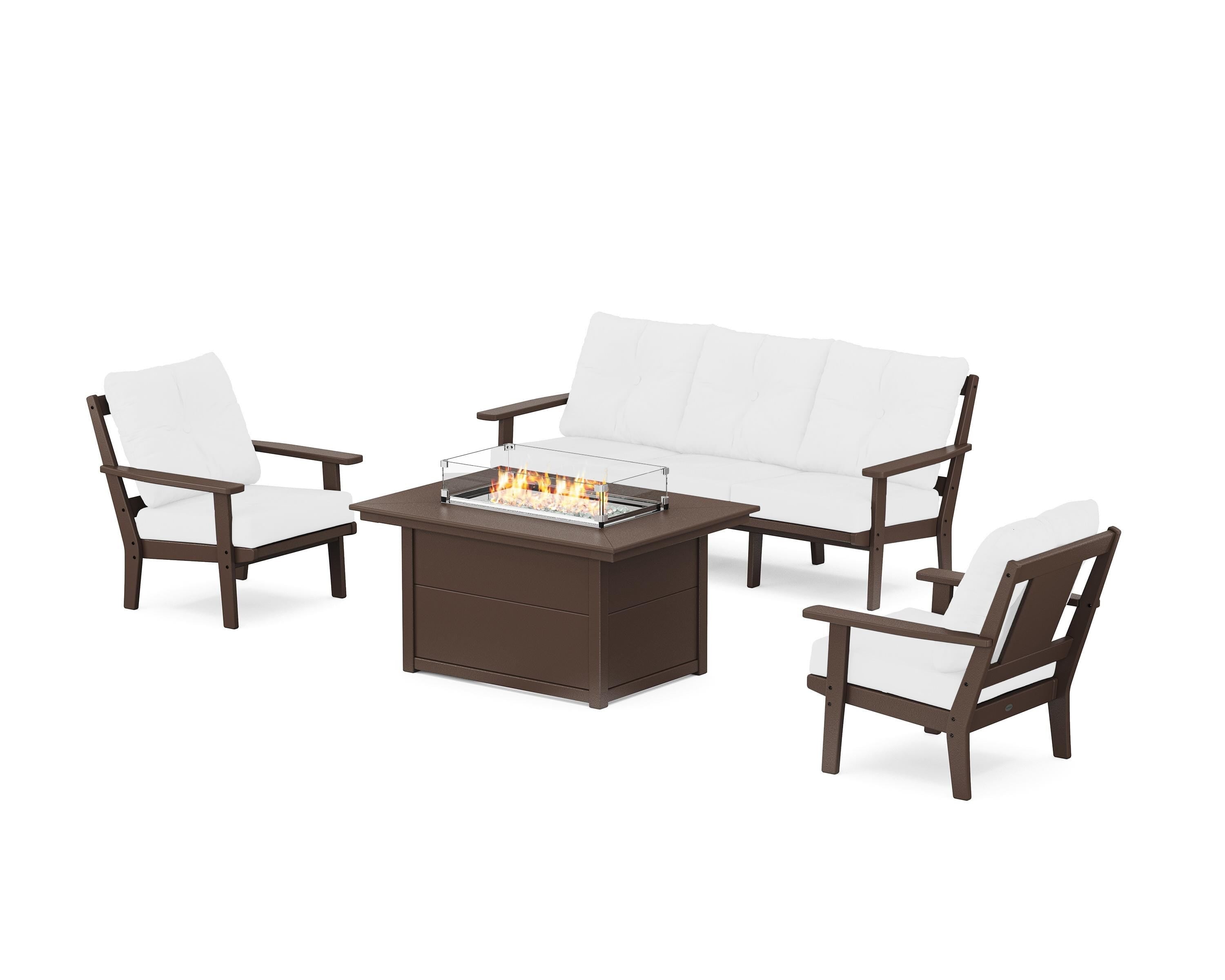 POLYWOOD® Prairie Deep Seating Fire Pit Table Set in Mahogany / Natural