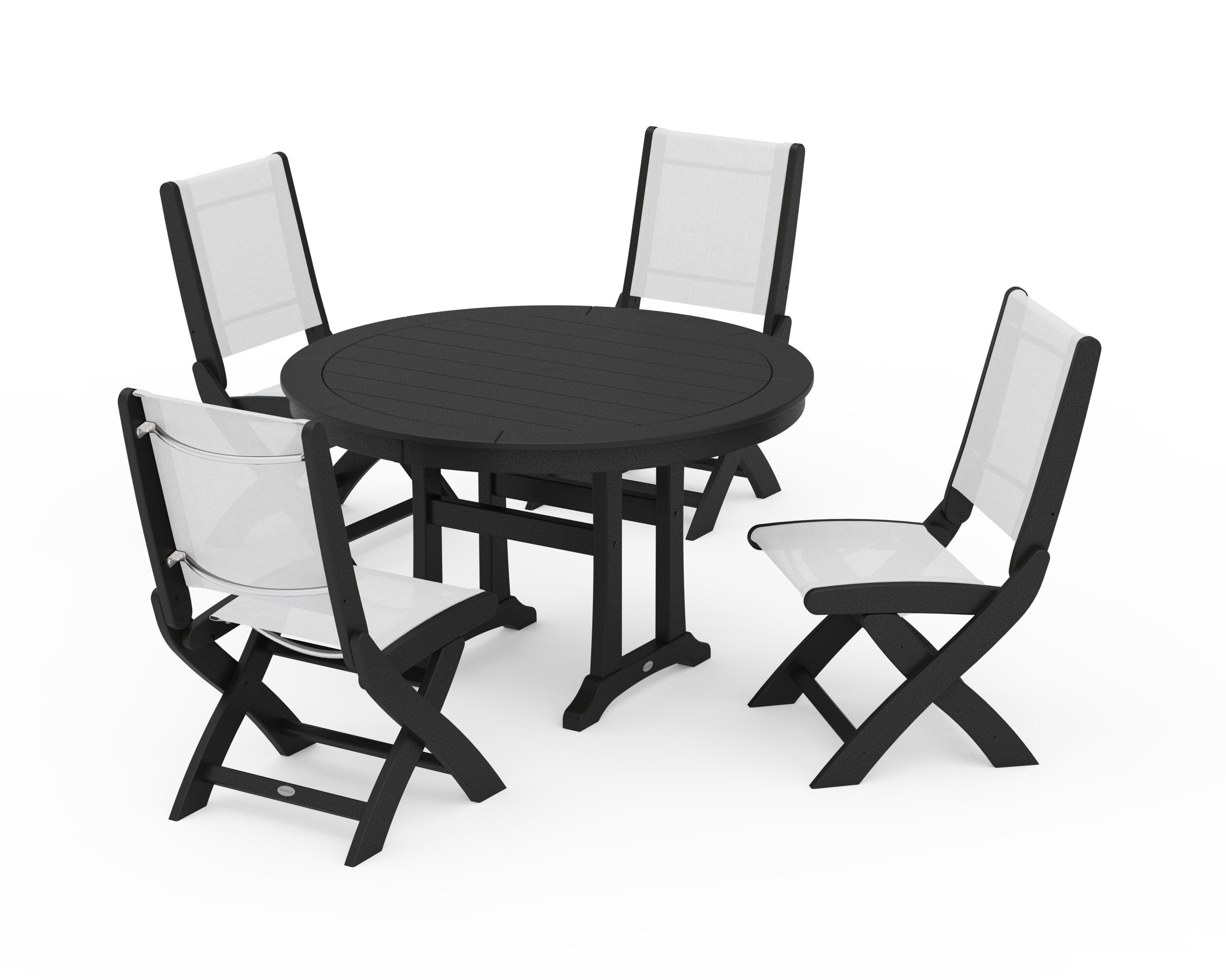 POLYWOOD® Coastal Folding Side Chair 5-Piece Round Dining Set With Trestle Legs in Black / White Sling