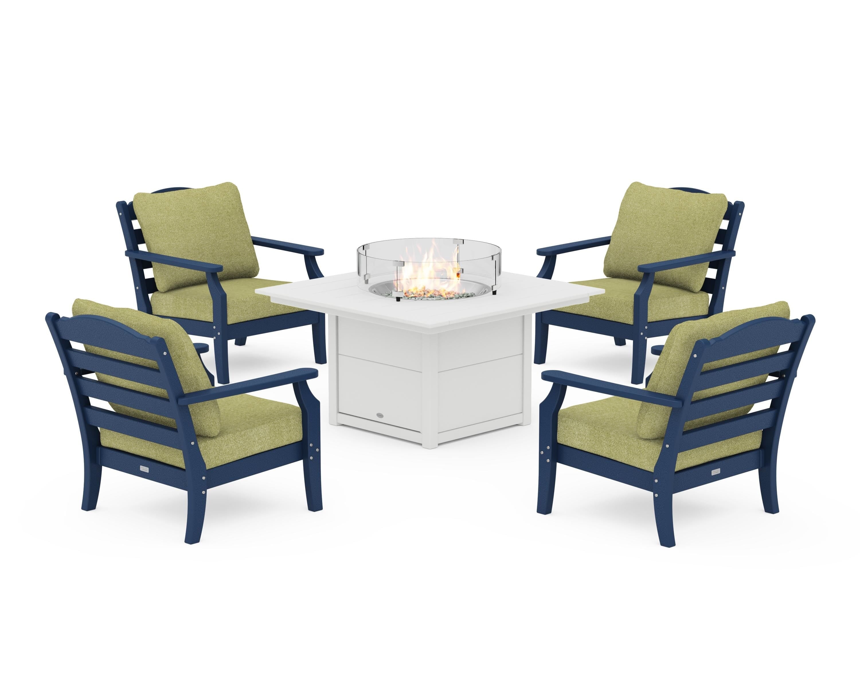 Draper James™ by POLYWOOD® Savannah 5-Piece Deep Seating Set with Fire Pit Table in Navy / Chartreuse Boucle