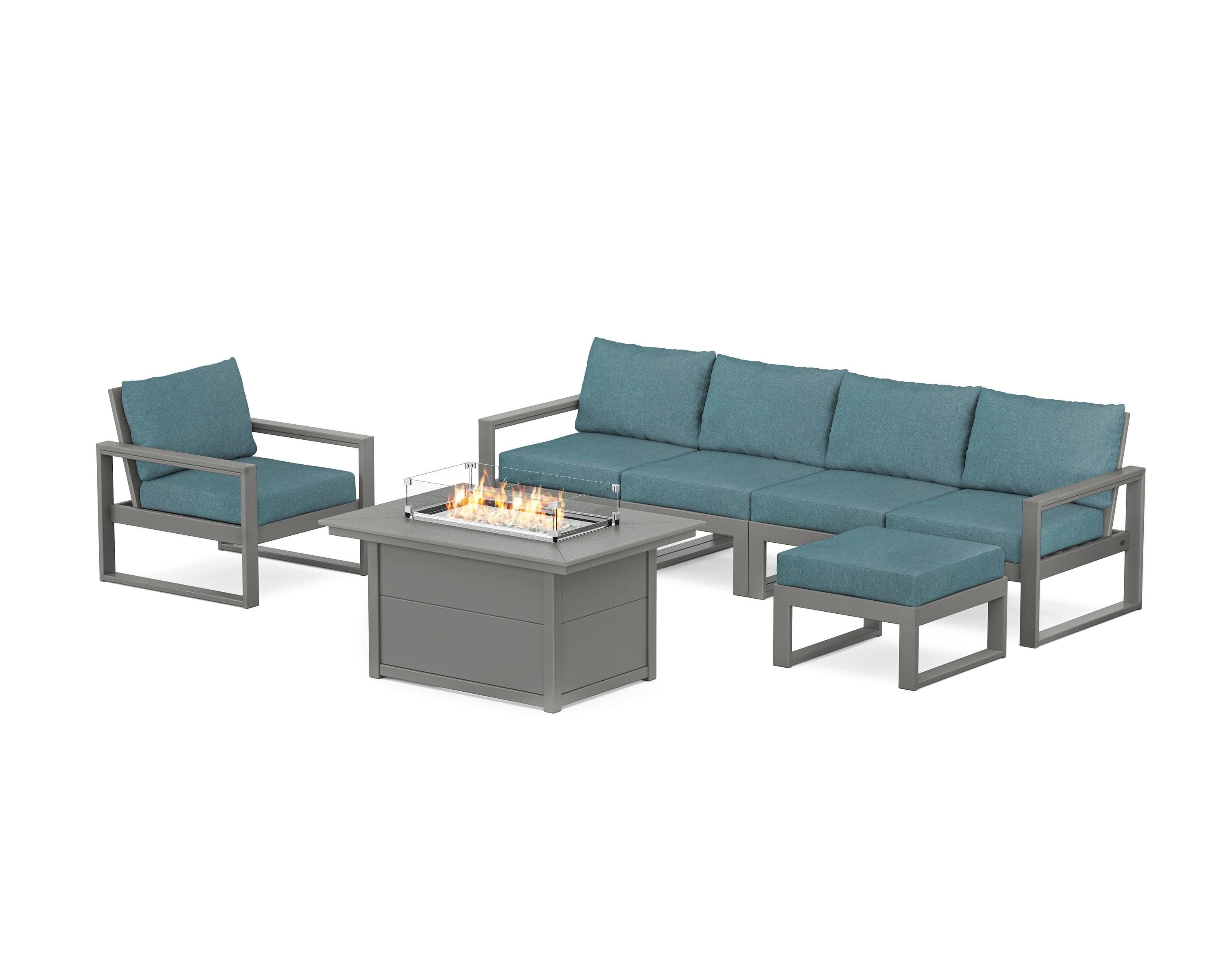 POLYWOOD® EDGE Sectional Lounge and Fire Pit Set in Slate Grey / Ocean Teal