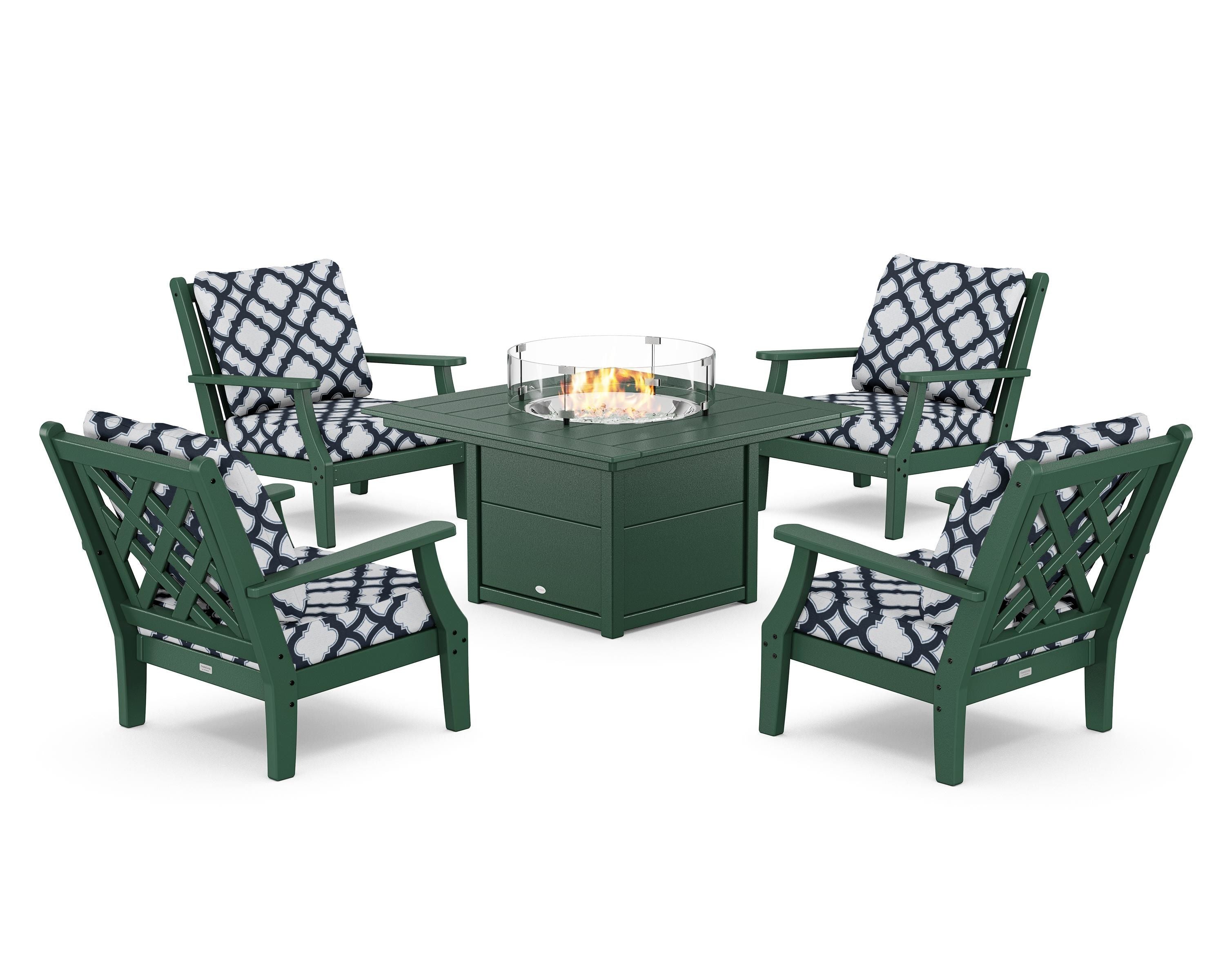 Country Living Wovendale 5-Piece Deep Seating Set with Fire Pit Table in Green / Trellis Marine Indigo