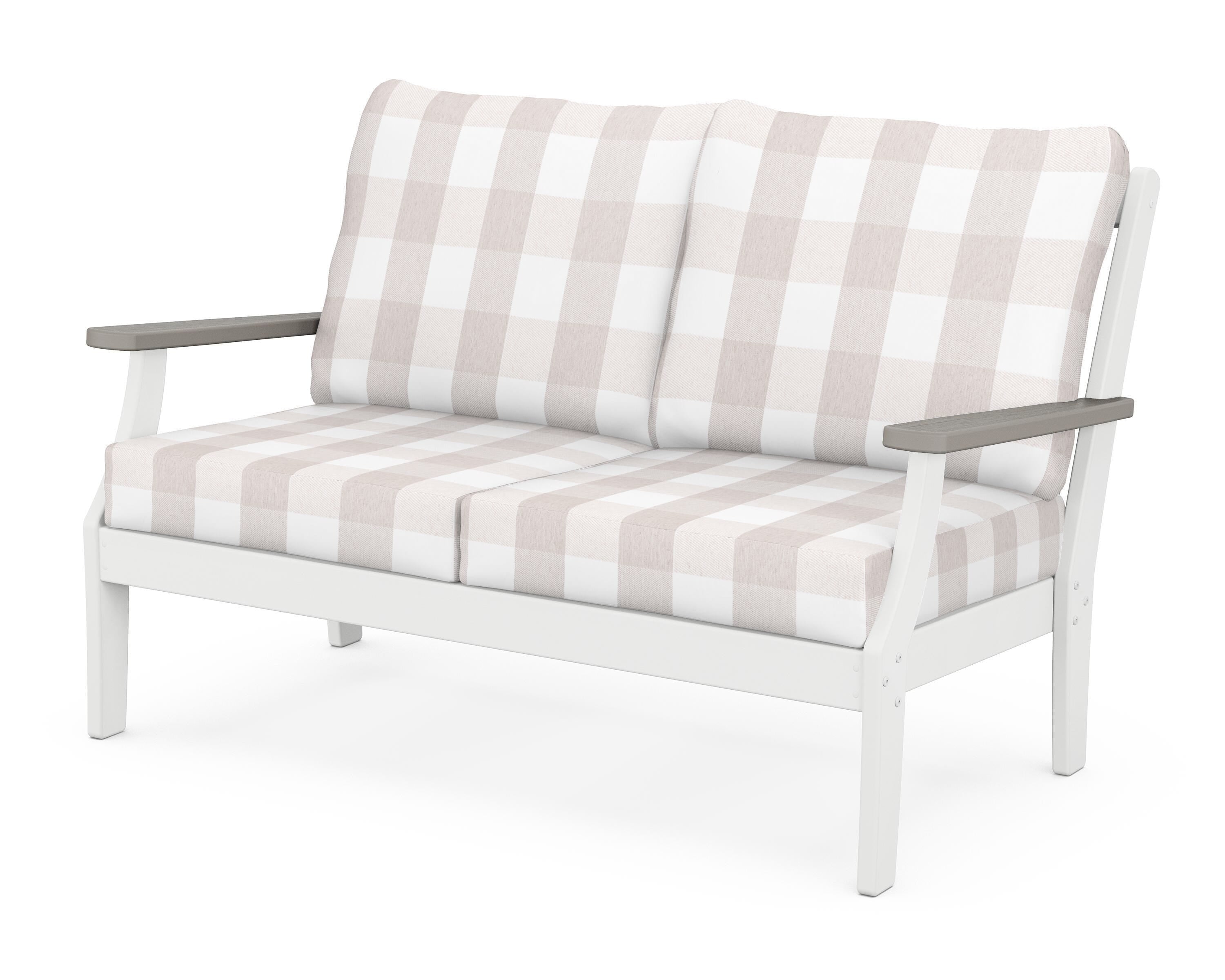 POLYWOOD® Braxton Deep Seating Loveseat in White / Driftwood / Buffalo Plaid Dune Burlap
