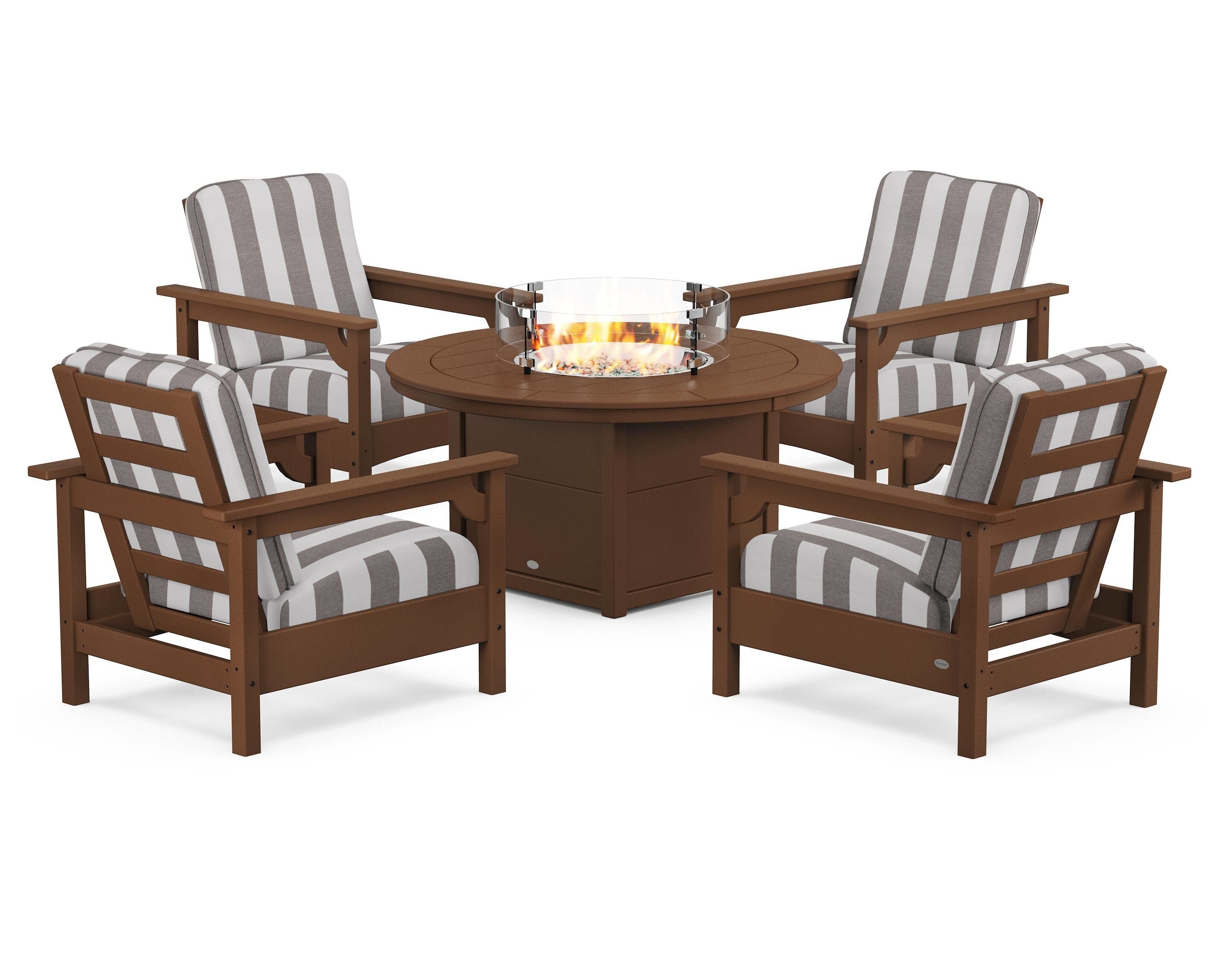 POLYWOOD® Club 5-Piece Conversation Set with Fire Pit Table in Teak / Cabana Stripe Grey Mist