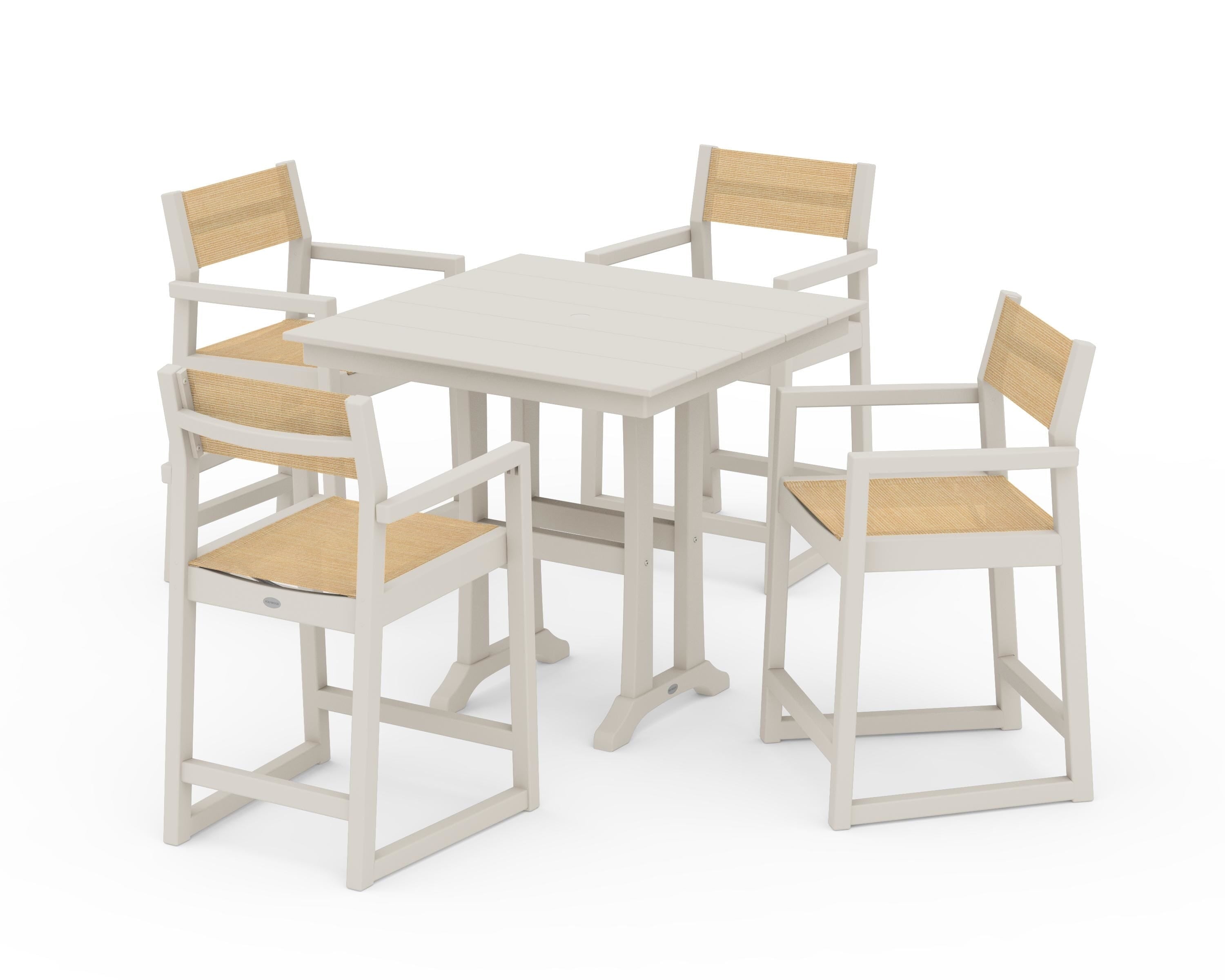 POLYWOOD® EDGE Sling Arm Chair 5-Piece Farmhouse Counter Set with Trestle Legs in Sand / Dupioni Apricot Sling