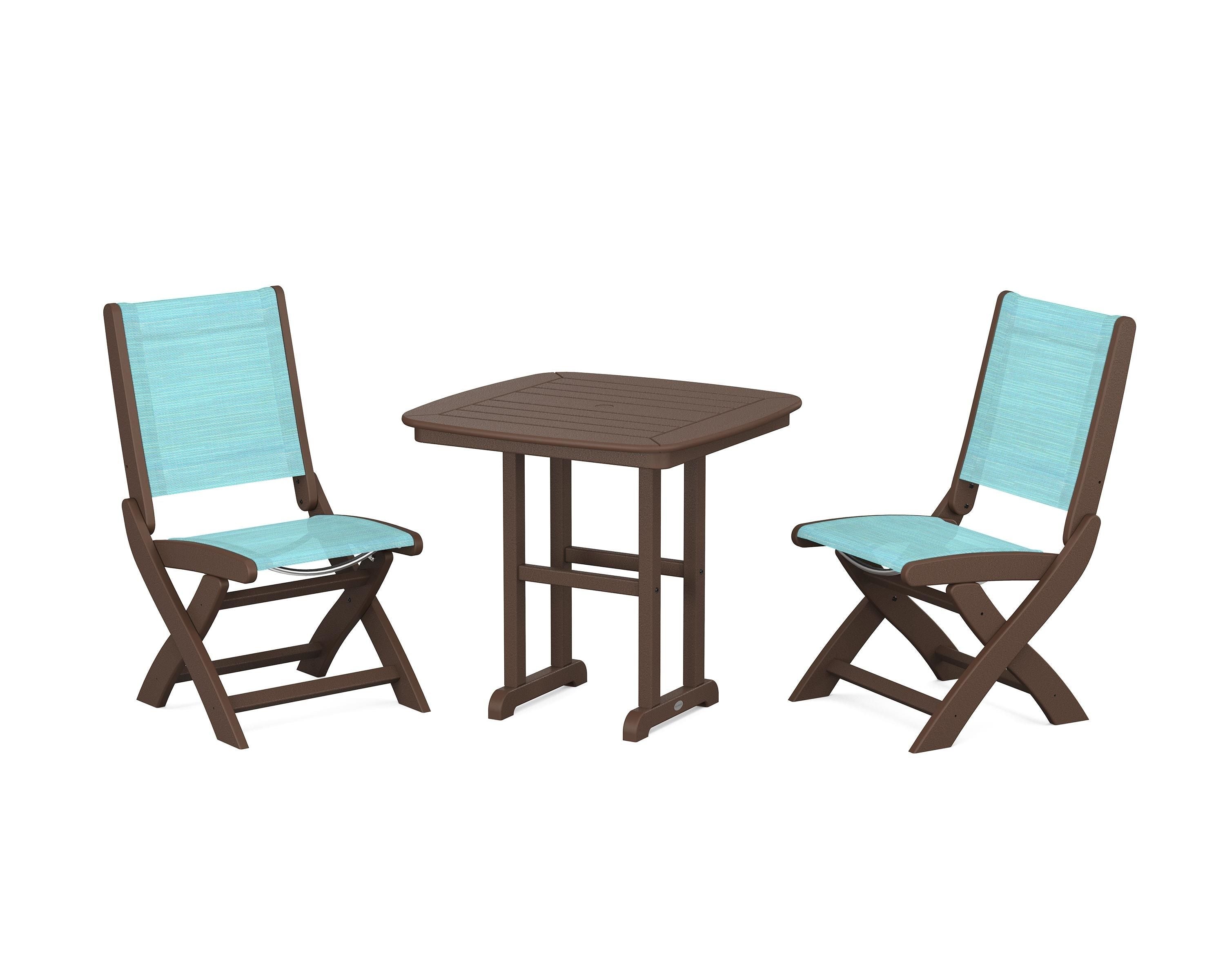 POLYWOOD® Coastal Folding Side Chair 3-Piece Dining Set in Mahogany / Dupioni Aquamarine Sling