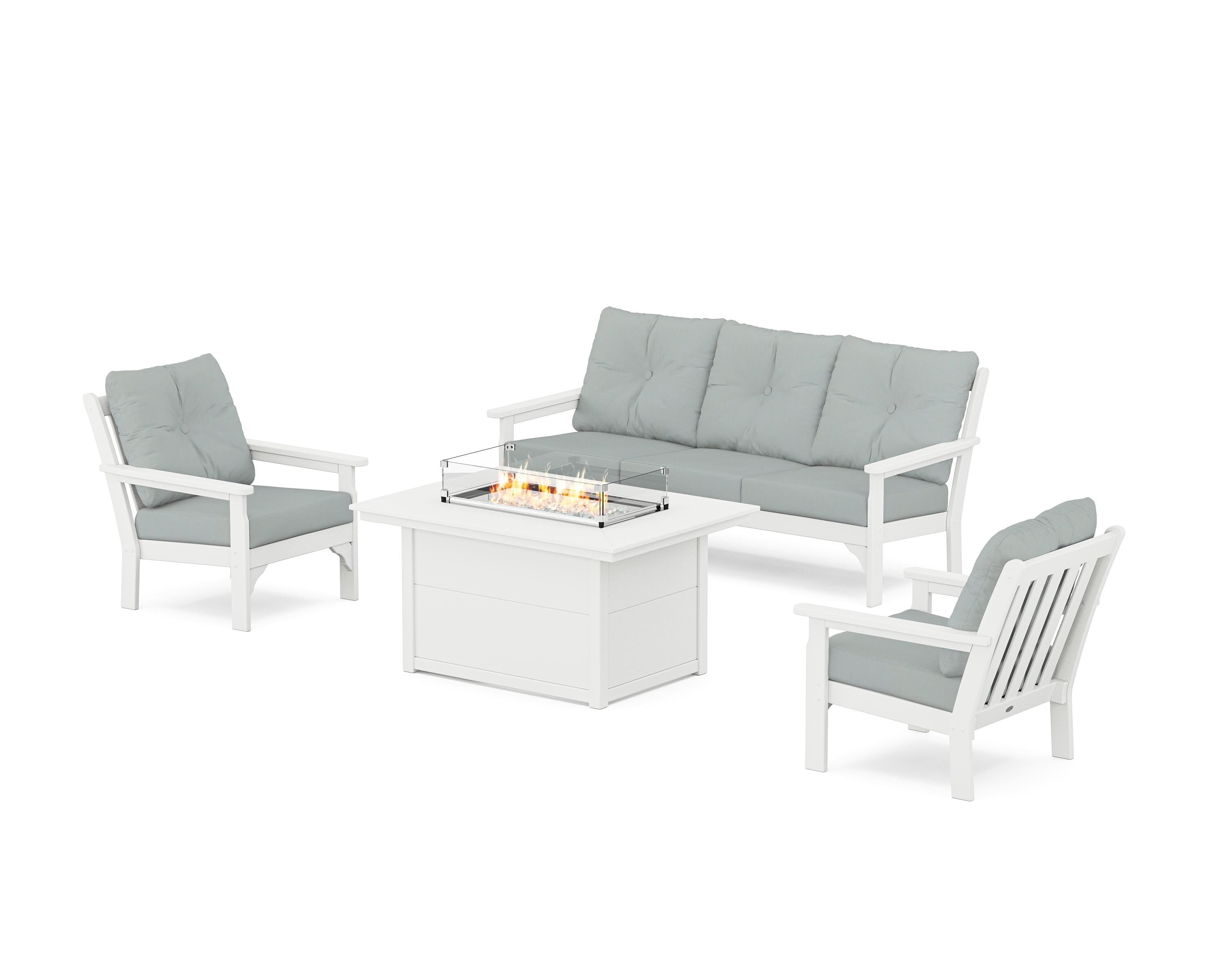 POLYWOOD® Vineyard Deep Seating Fire Pit Table Set in White / Spa