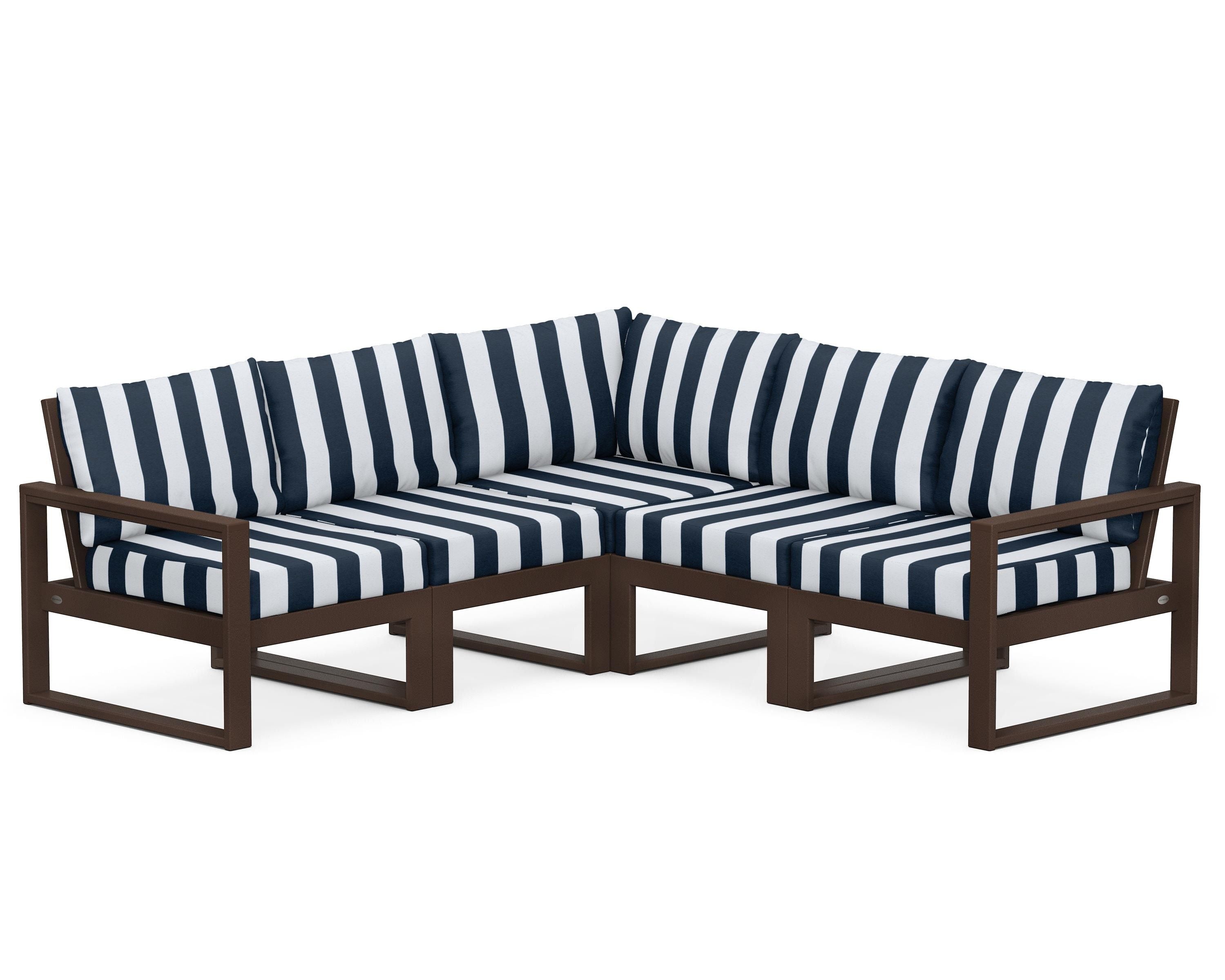 POLYWOOD® EDGE 5-Piece Modular Deep Seating Set in Mahogany / Cabana Stripe Marine Indigo