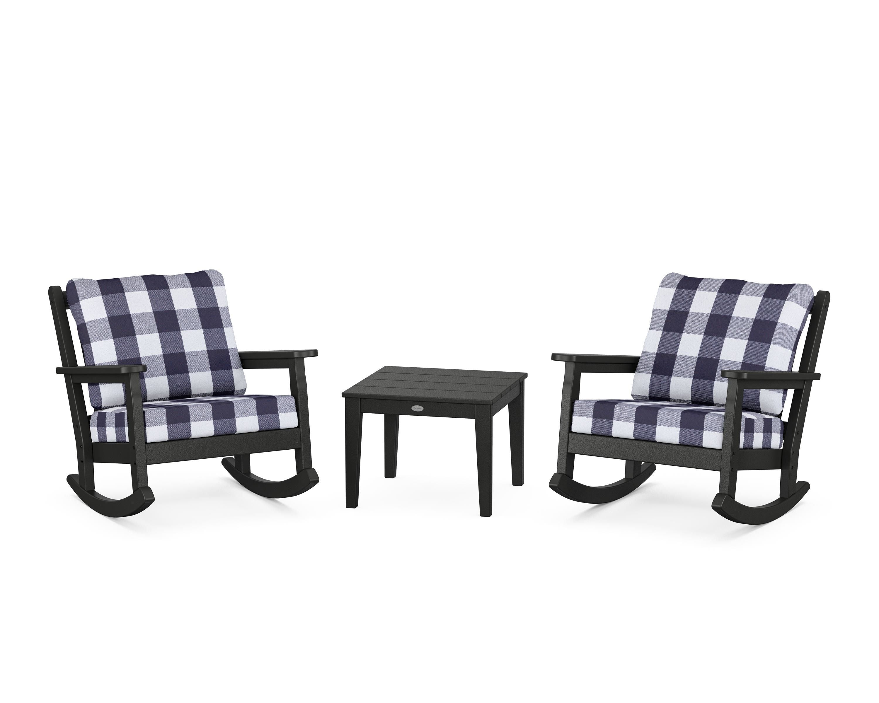 POLYWOOD® Chippendale 3-Piece Deep Seating Rocker Set in Black / Buffalo Plaid Navy