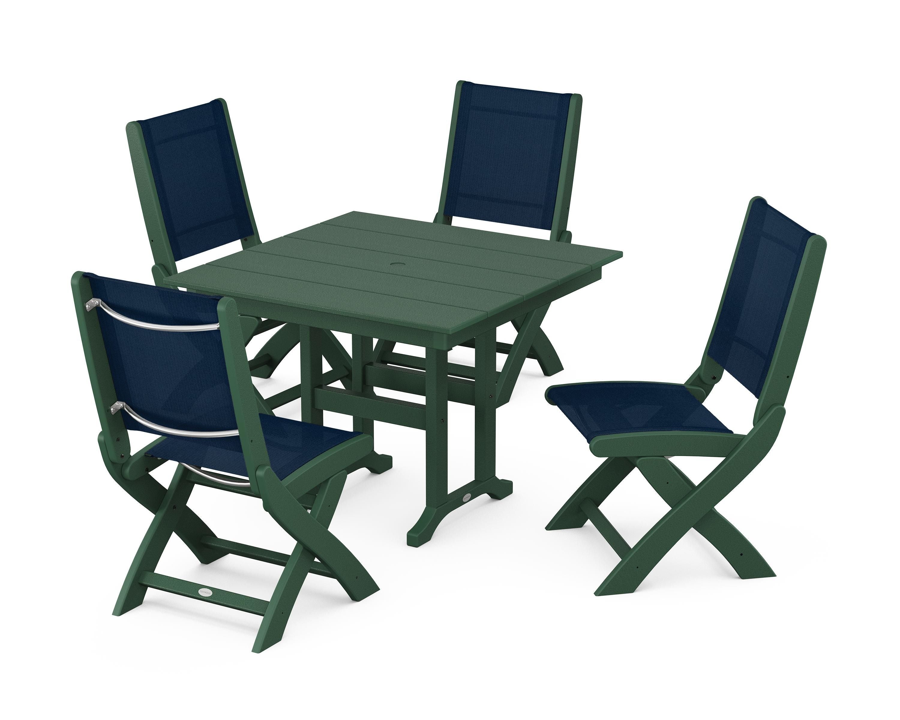 POLYWOOD® Coastal Folding Side Chair 5-Piece Farmhouse Dining Set in Green / Navy Blue Sling