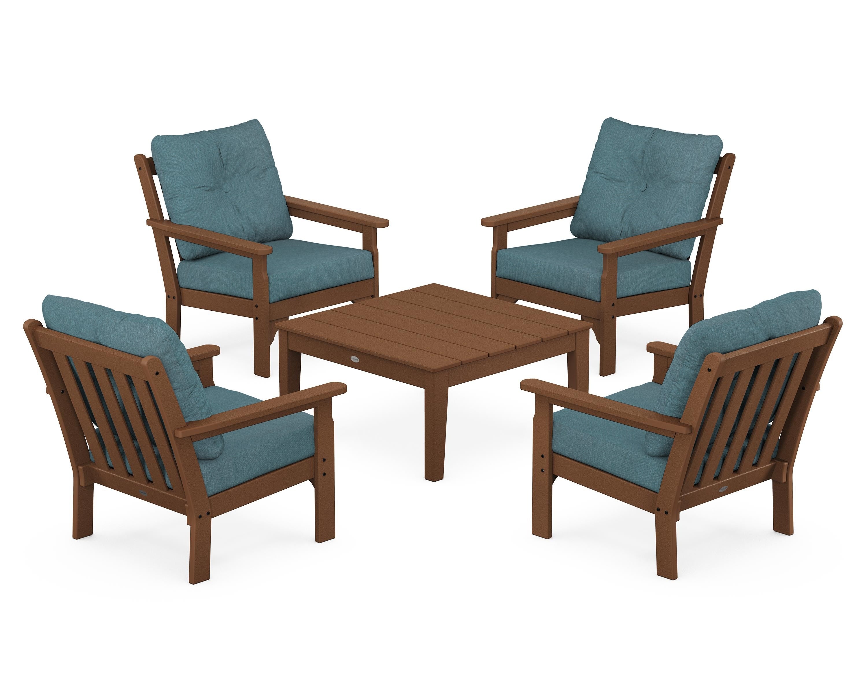 POLYWOOD® Vineyard 5-Piece Deep Seating Conversation Set in Teak / Ocean Teal