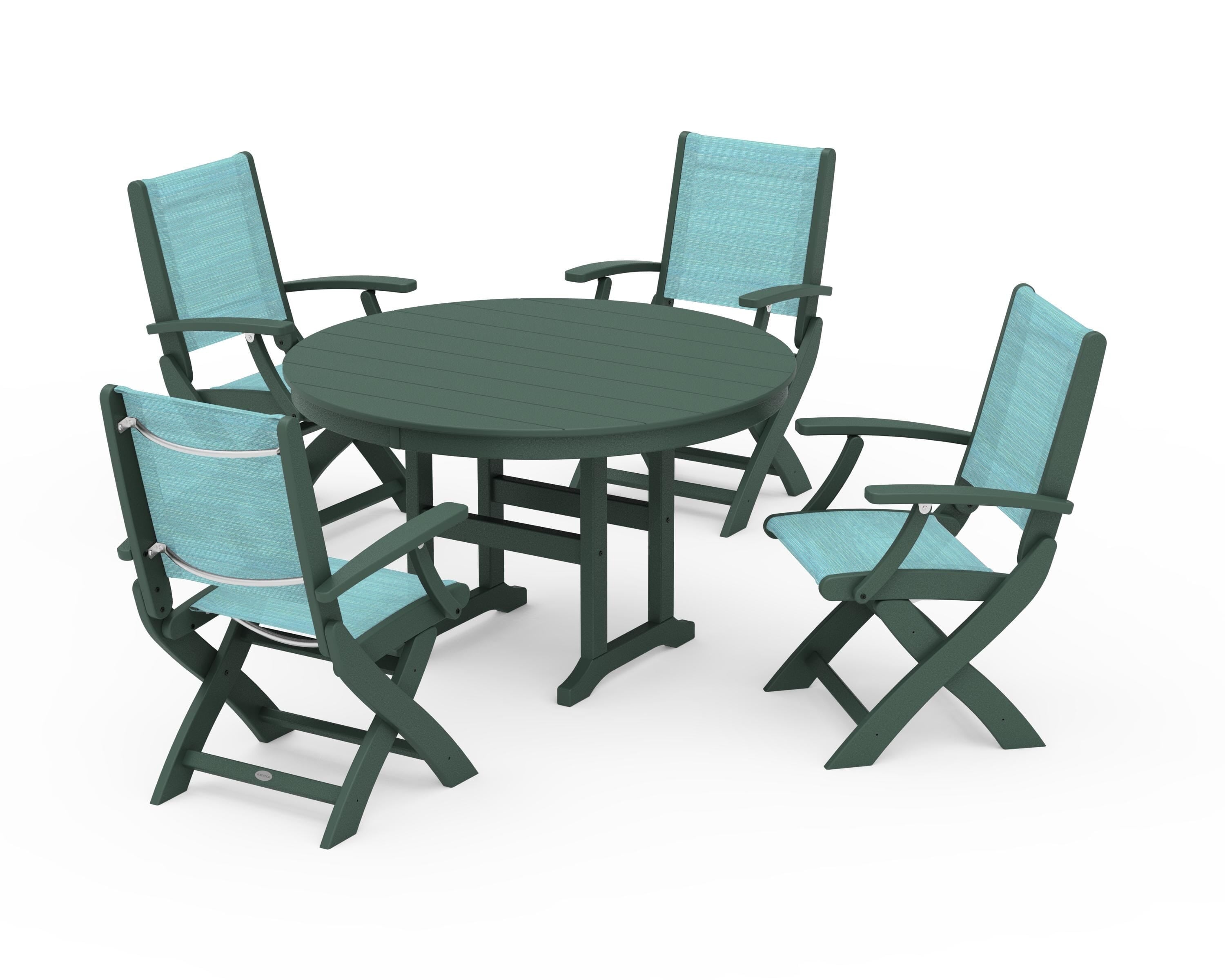 POLYWOOD® Coastal Folding Chair 5-Piece Round Dining Set in Green / Dupioni Aquamarine Sling