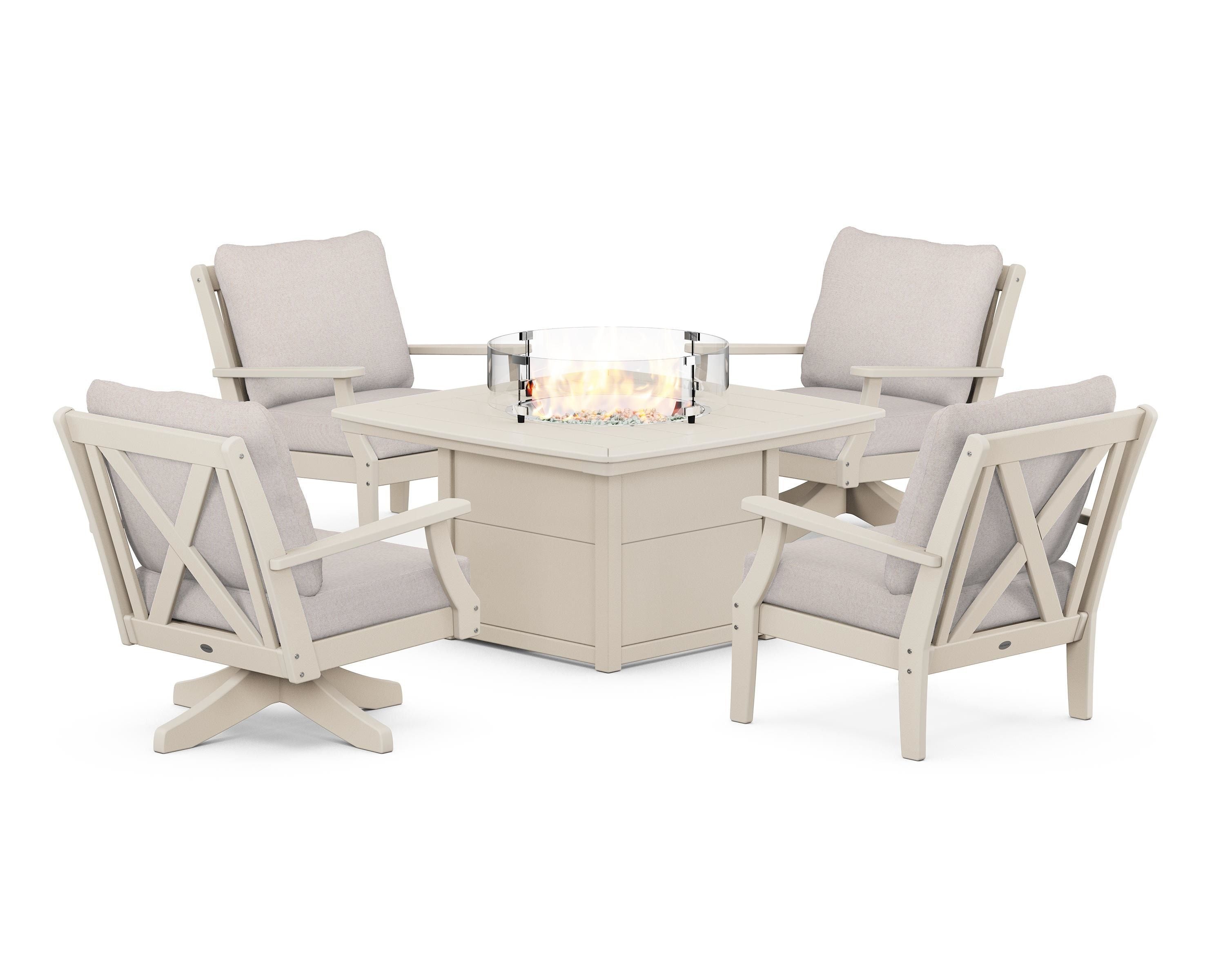 POLYWOOD® Braxton 5-Piece Deep Seating Set with Fire Table in Sand / Dune Burlap