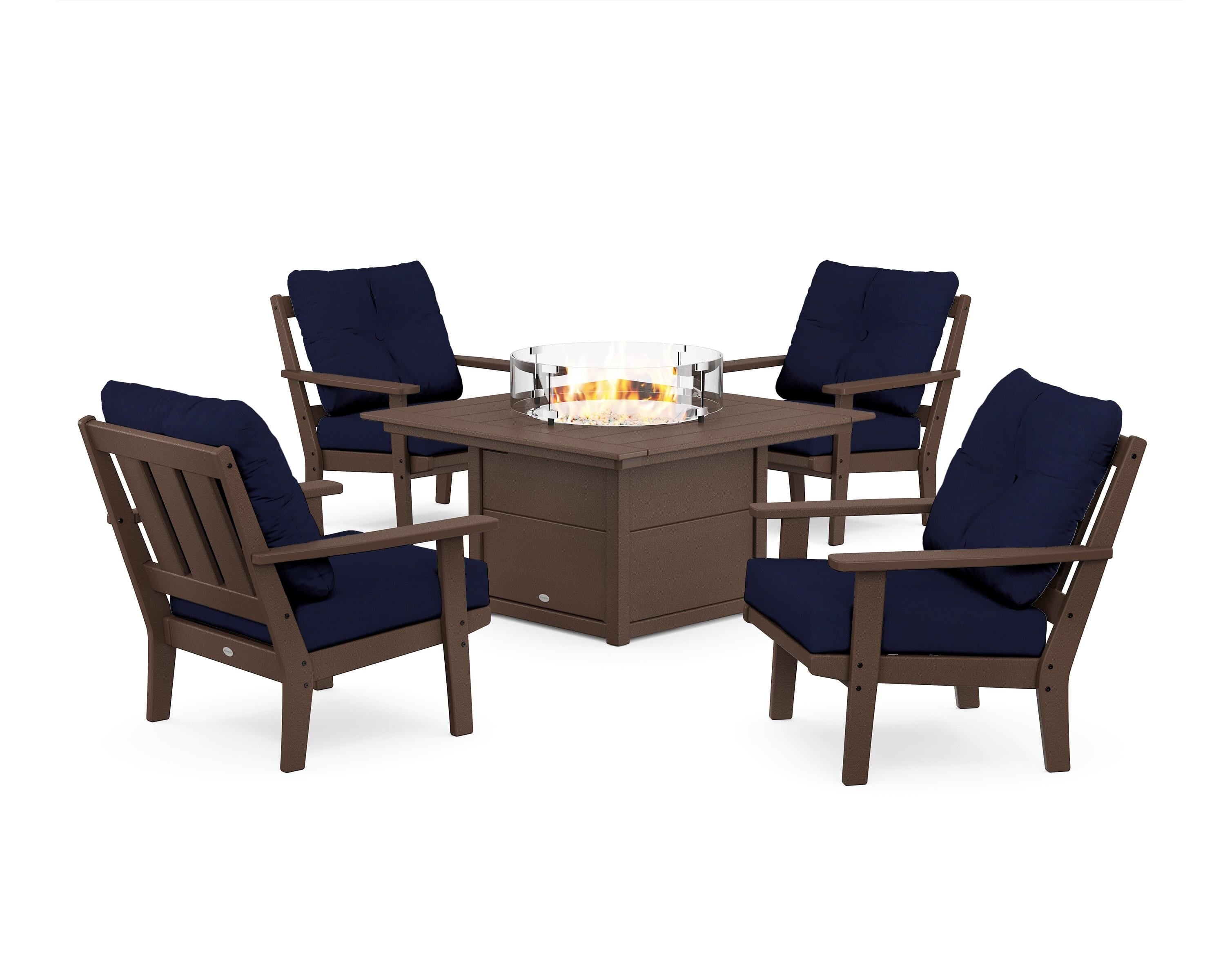 POLYWOOD® Oxford 5-Piece Deep Seating Set with Fire Pit Table in Mahogany / Navy