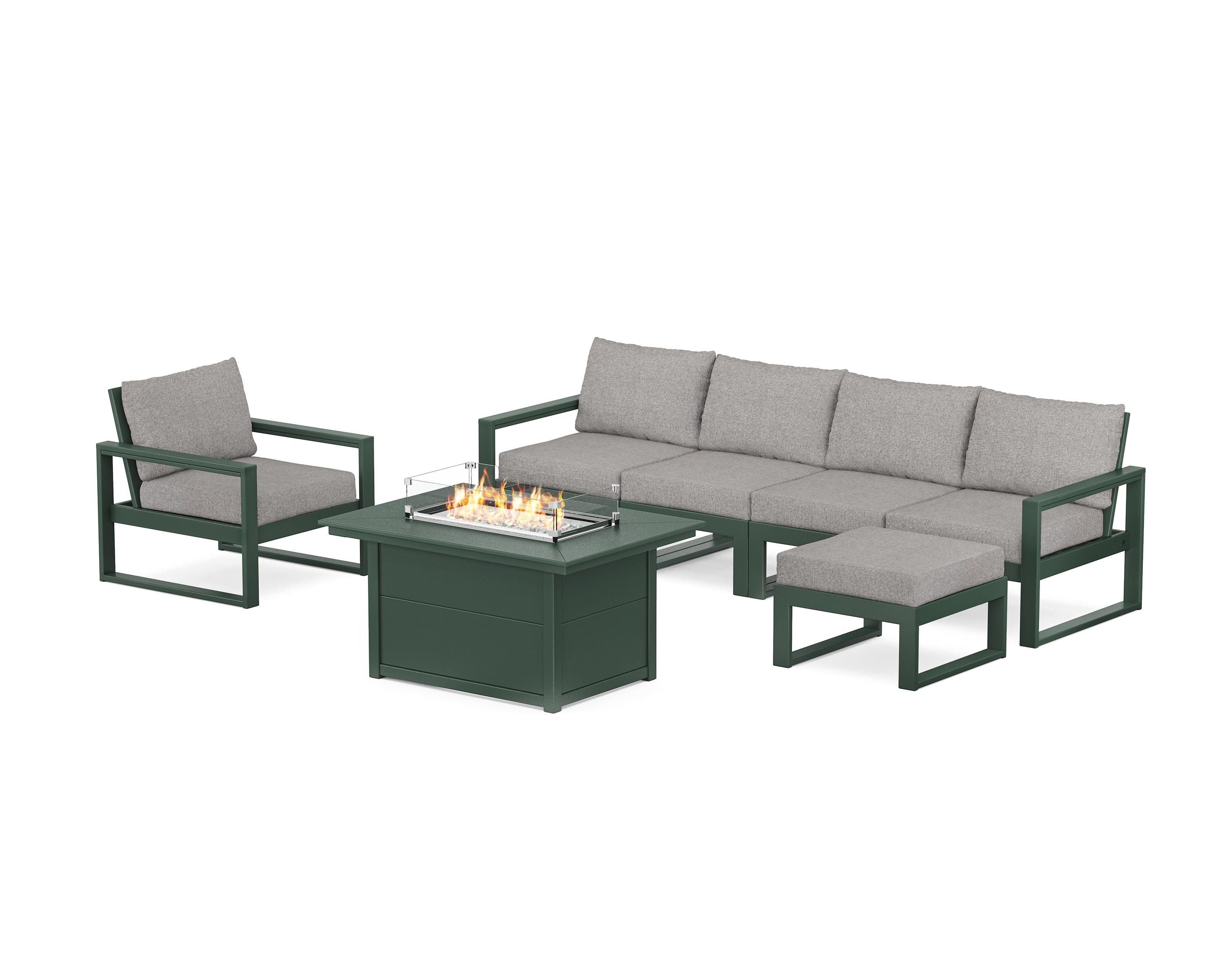 POLYWOOD® EDGE Sectional Lounge and Fire Pit Set in Green / Grey Mist
