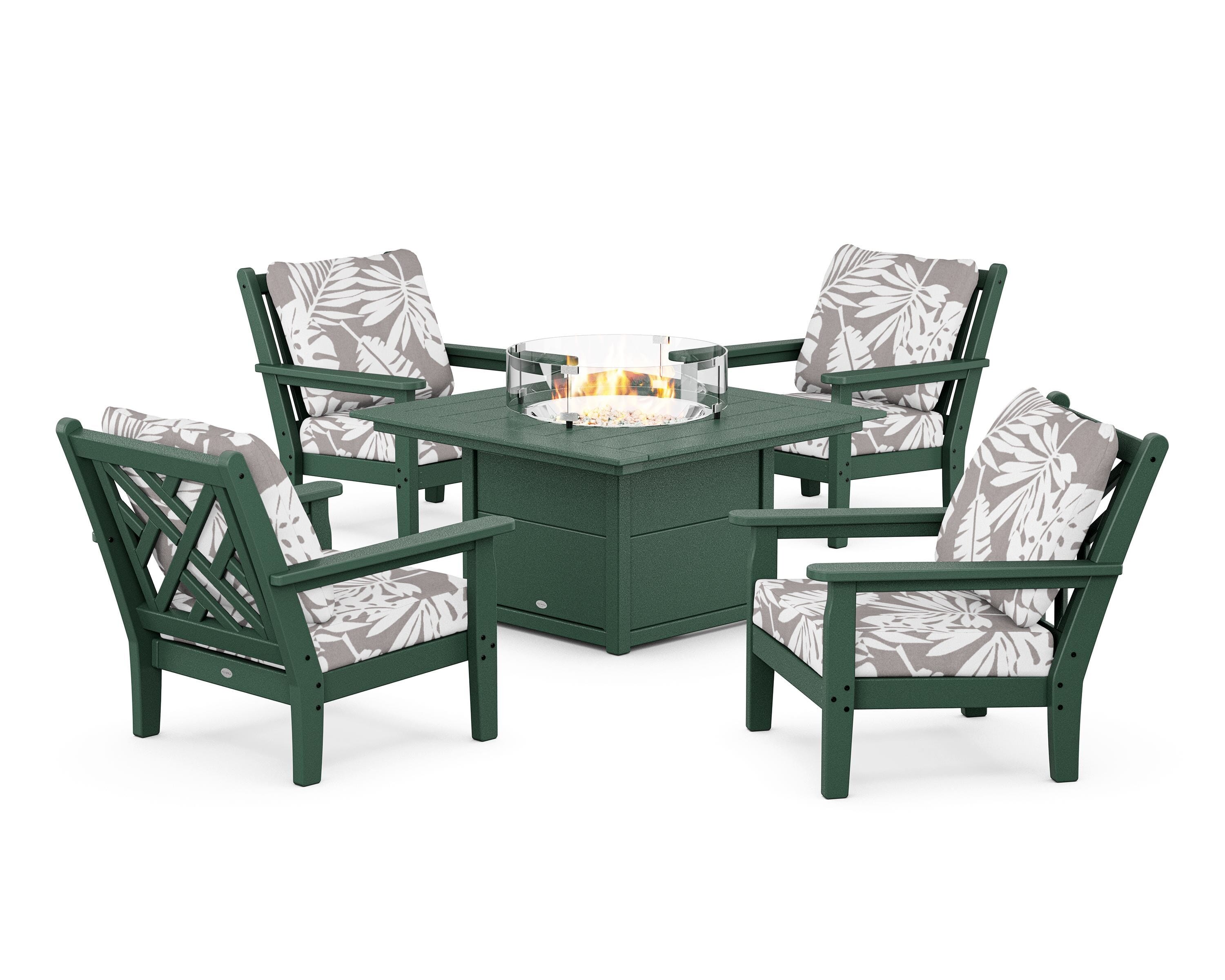 POLYWOOD® Chippendale 5-Piece Deep Seating Set with Fire Pit Table in Green / Leaf Grey Mist