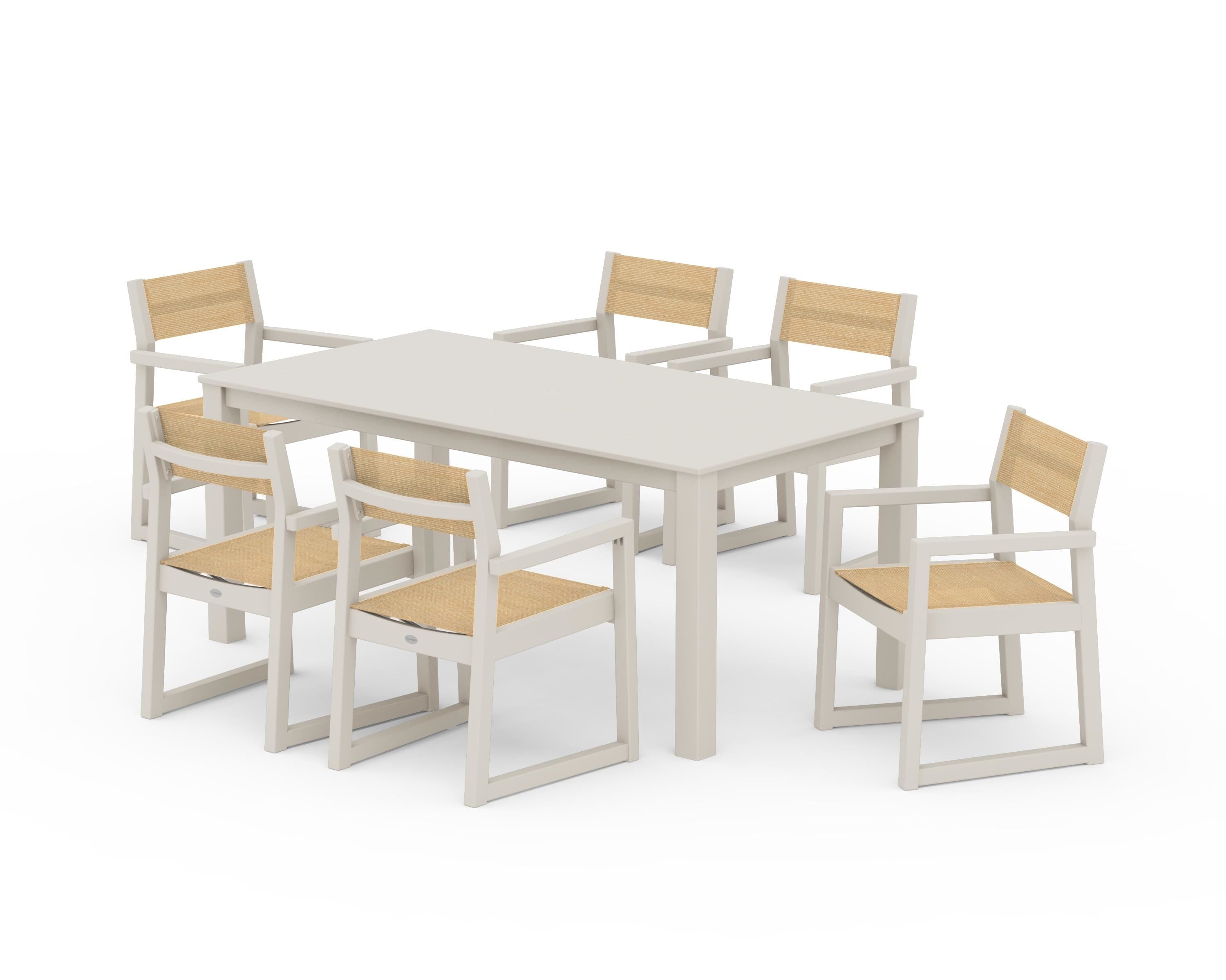 POLYWOOD® EDGE Sling Arm Chair 7-Piece Parsons Dining Set in Sand / Dupioni Apricot Sling