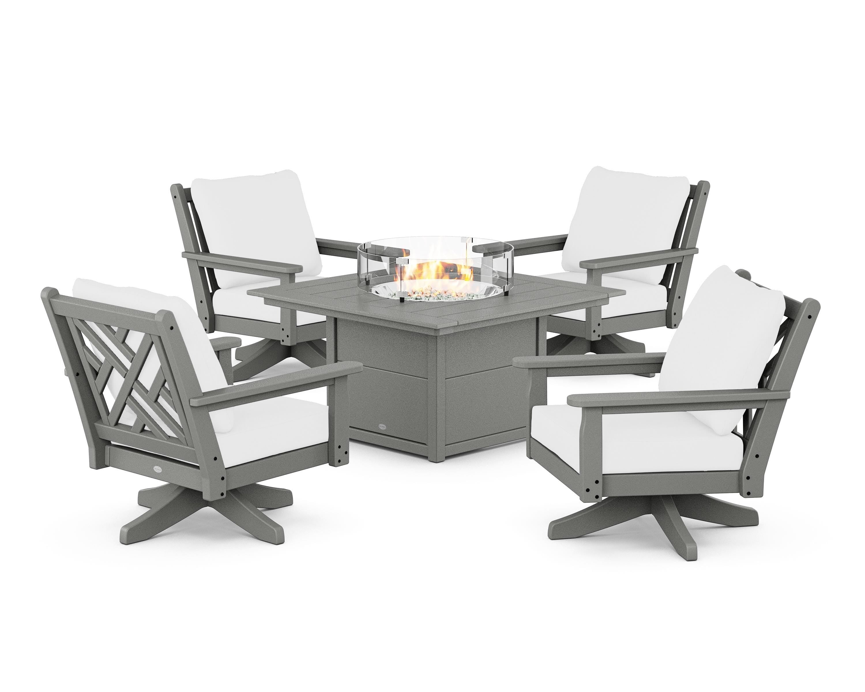 POLYWOOD® Chippendale 5-Piece Deep Seating Swivel Conversation Set with Fire Pit Table in Slate Grey / Natural