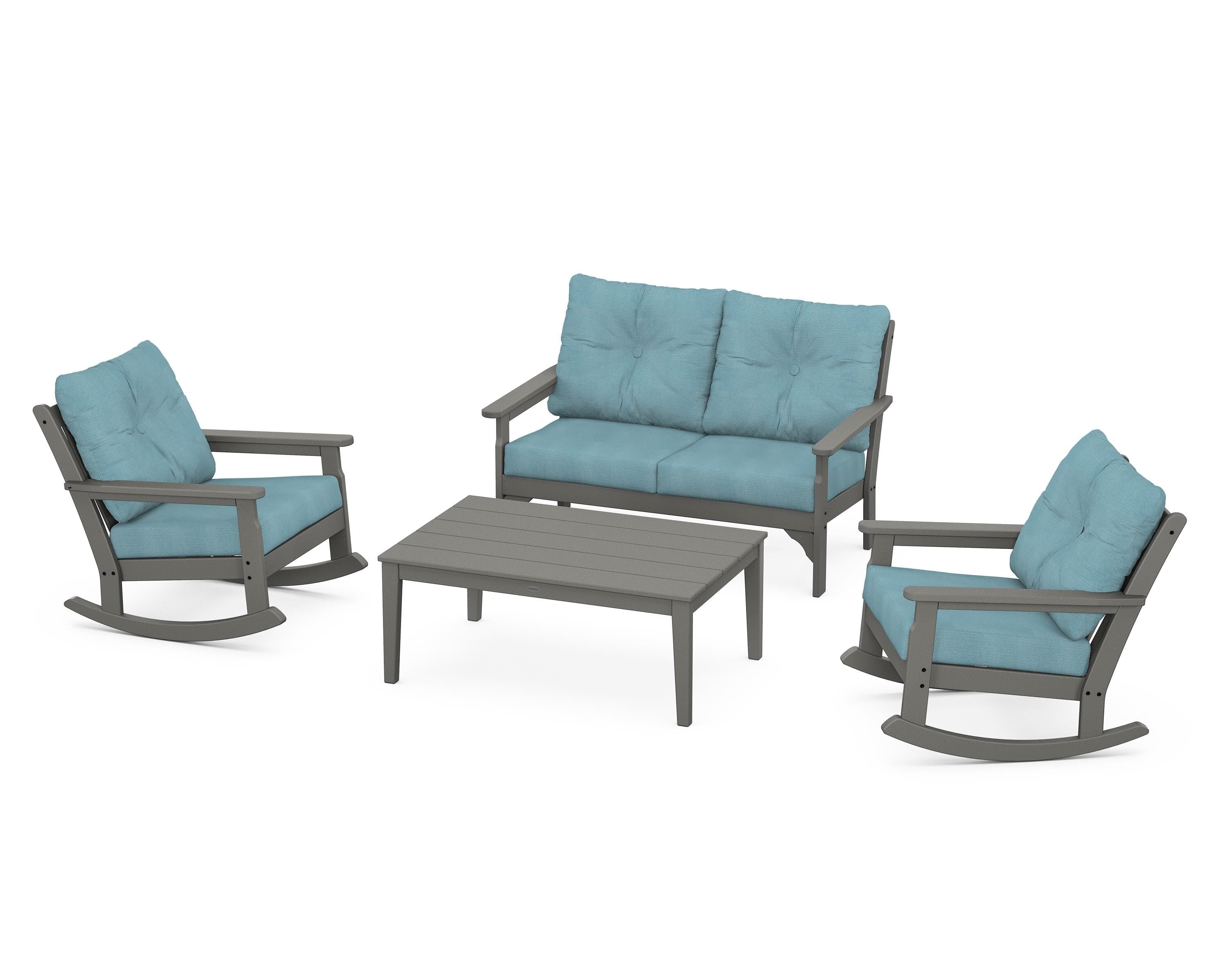 POLYWOOD® Vineyard 4-Piece Deep Seating Rocking Chair Set in Slate Grey / Lattice Sky Blue