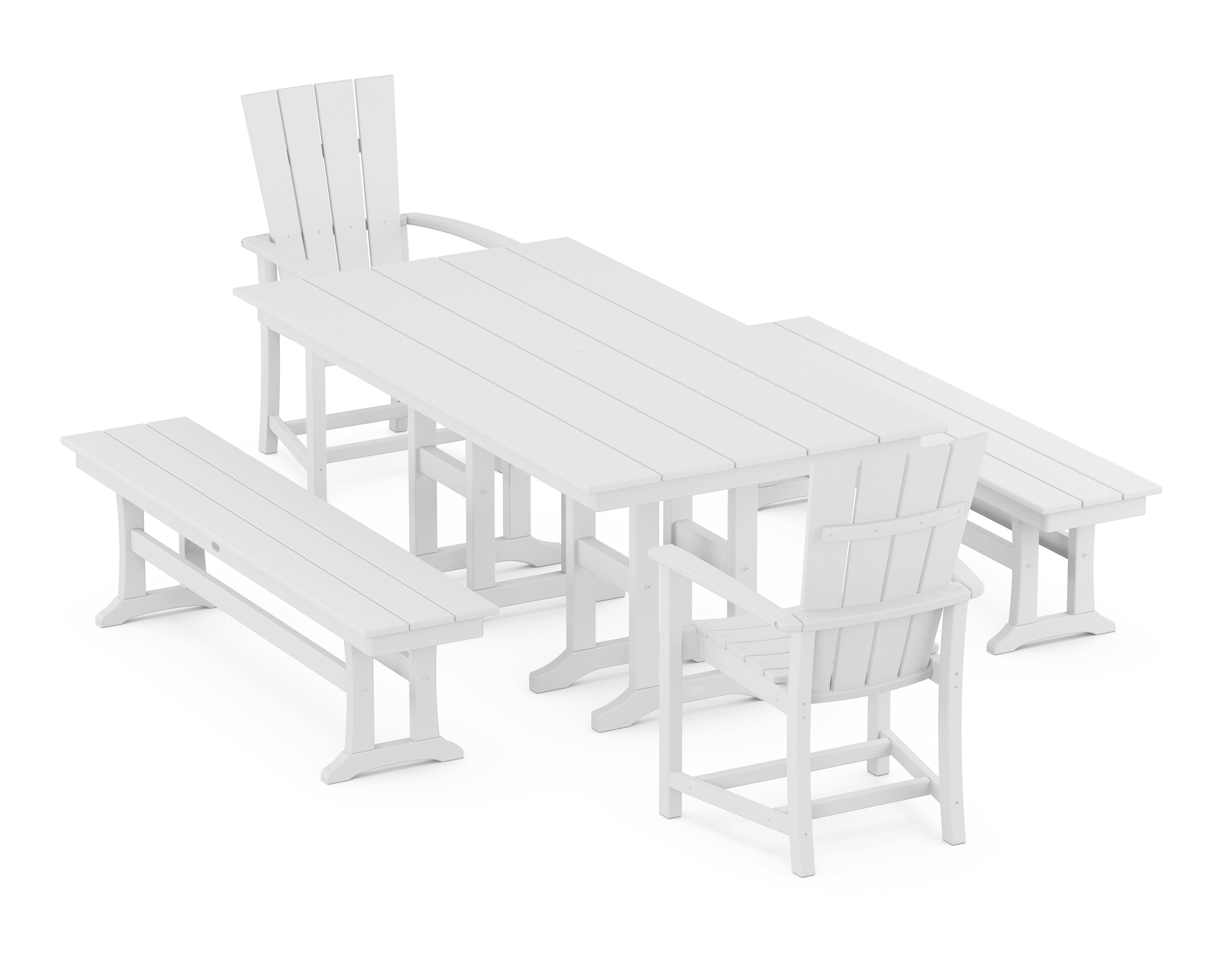 POLYWOOD® Quattro 5-Piece Farmhouse Dining Set with Benches in White