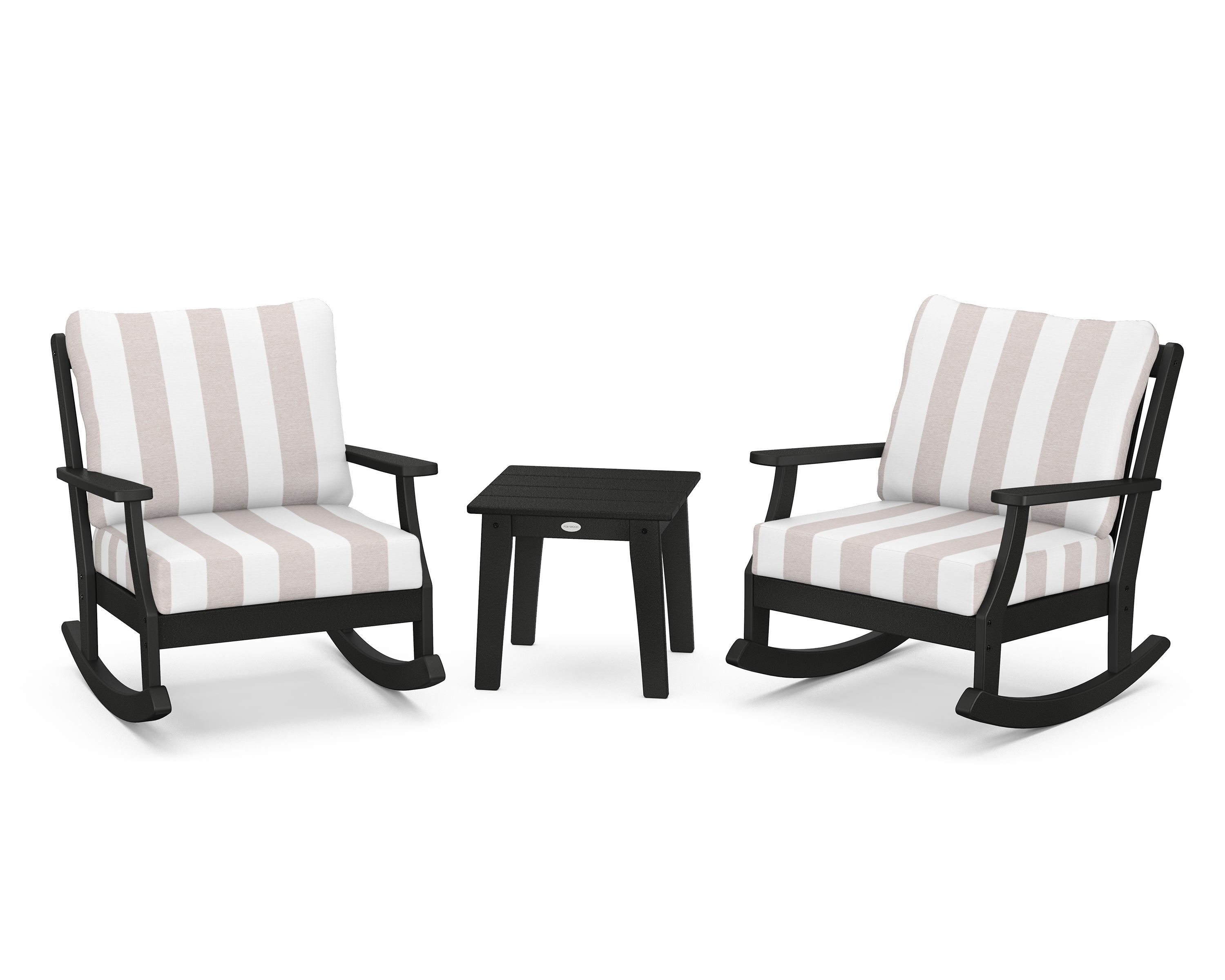 POLYWOOD® Braxton 3-Piece Deep Seating Rocker Set in Black / Cabana Stripe Dune Burlap