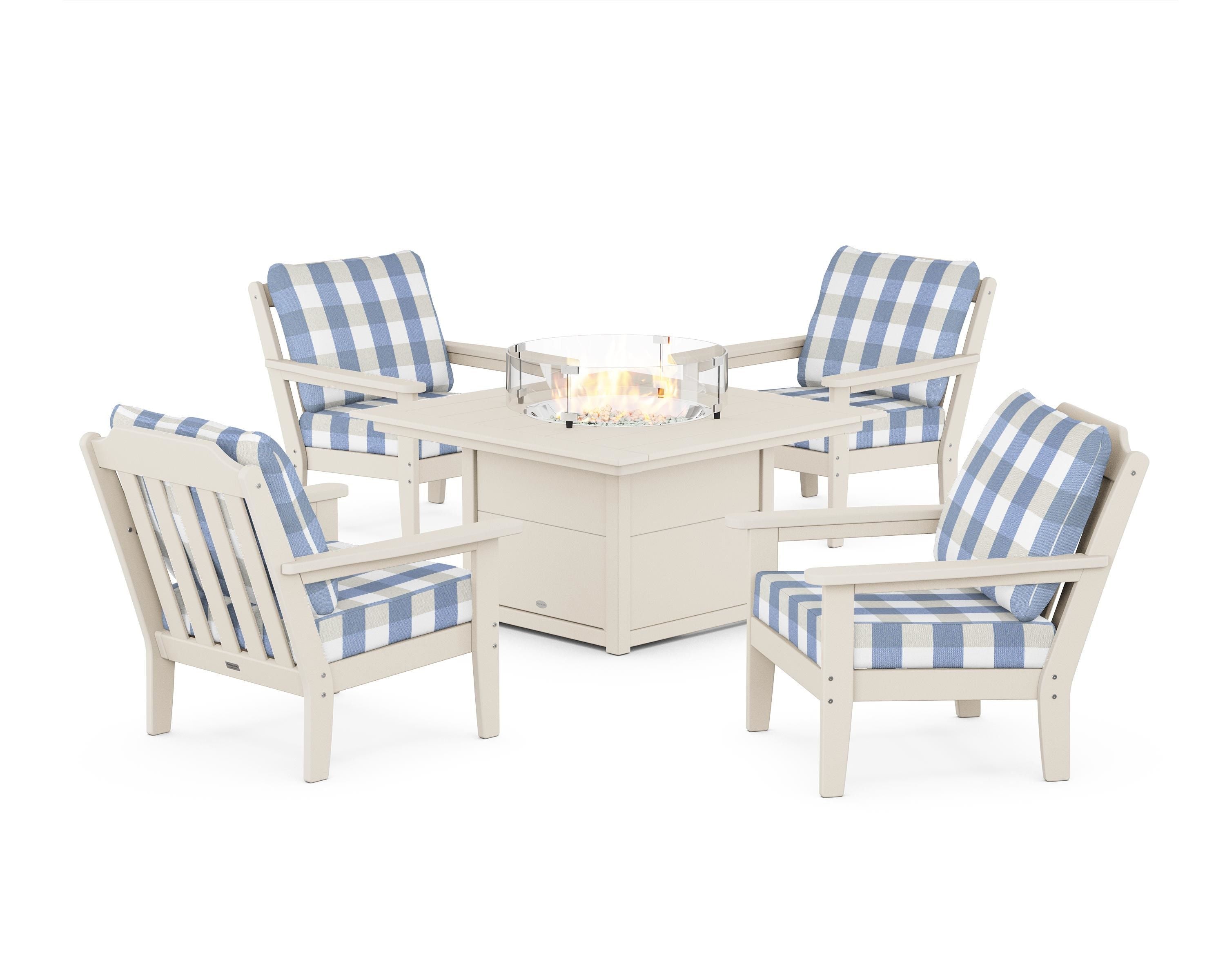 Country Living Cottage 5-Piece Deep Seating Set with Fire Pit Table in Sand / Buffalo Plaid Sky Blue