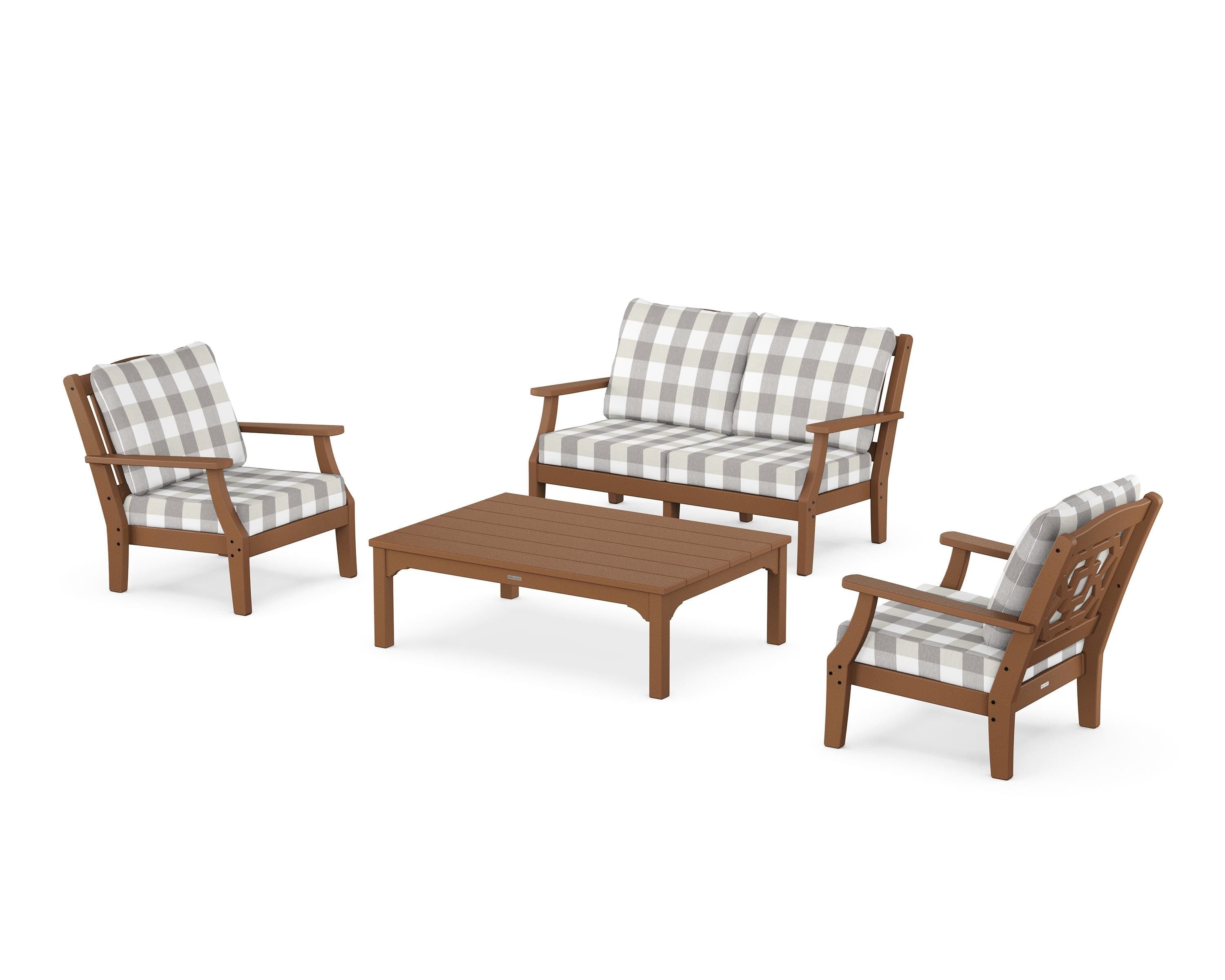 Martha Stewart by POLYWOOD® Chinoiserie 4-Piece Deep Seating Set with Loveseat in Teak / Buffalo Plaid Grey Mist