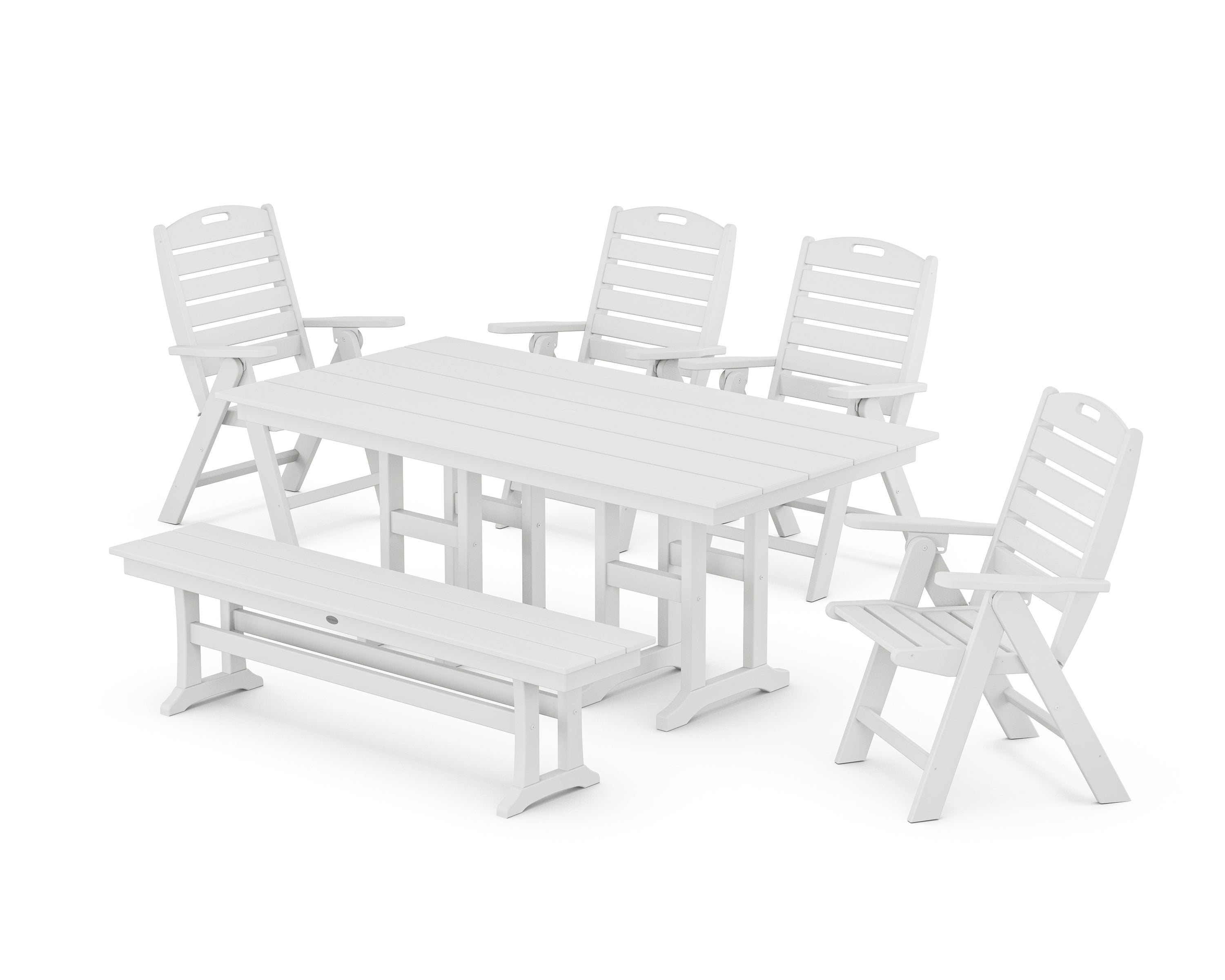 POLYWOOD® Nautical Highback 6-Piece Farmhouse Dining Set with Bench in White