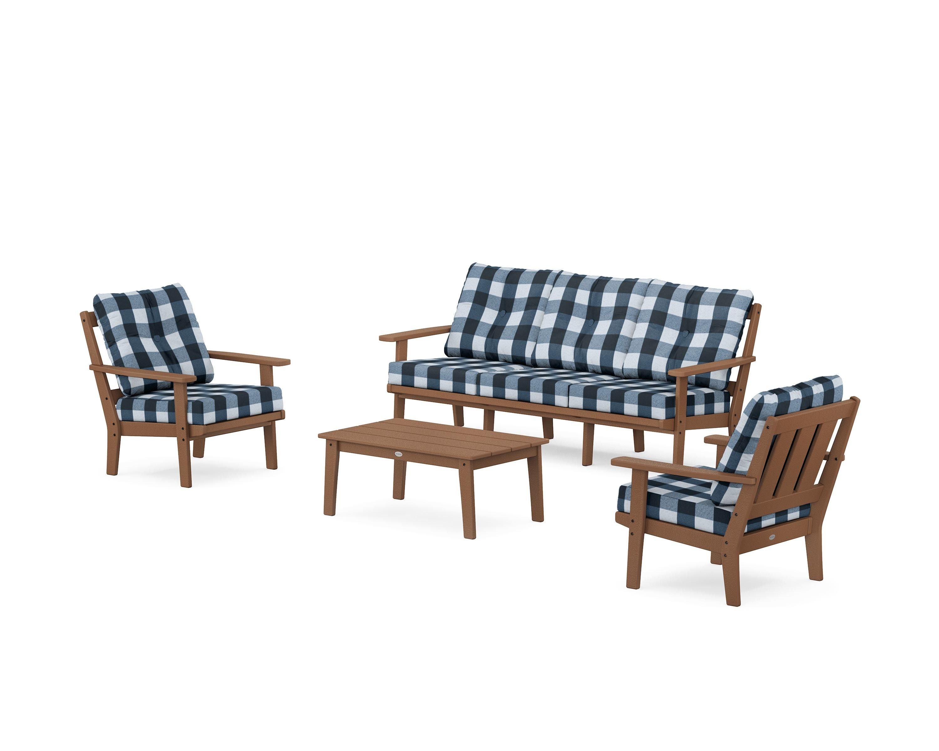 POLYWOOD® Oxford 4-Piece Deep Seating Set with Sofa in Teak / Buffalo Plaid Marine Indigo