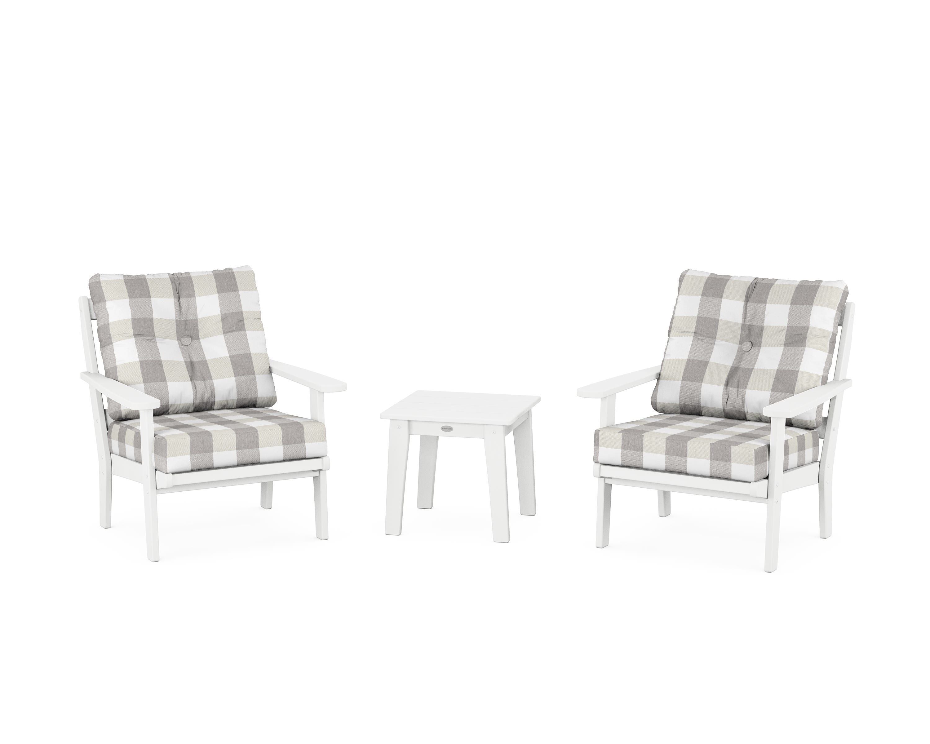POLYWOOD® Mission 3-Piece Deep Seating Set in White / Buffalo Plaid Grey Mist