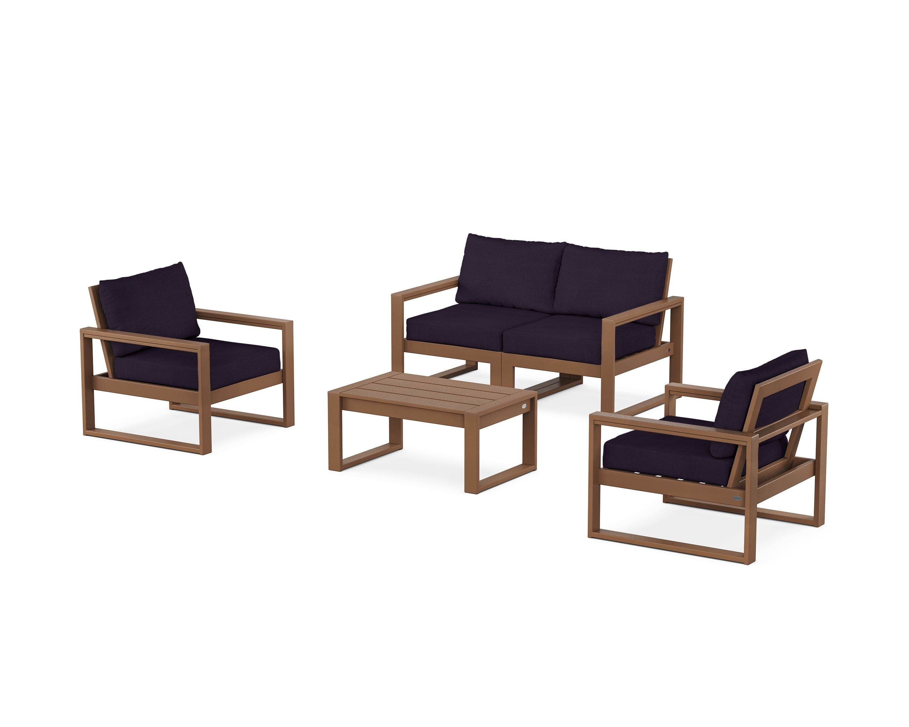 POLYWOOD® EDGE Sectional 4-Piece Deep Seating Set with Loveseat in Teak / Navy Linen