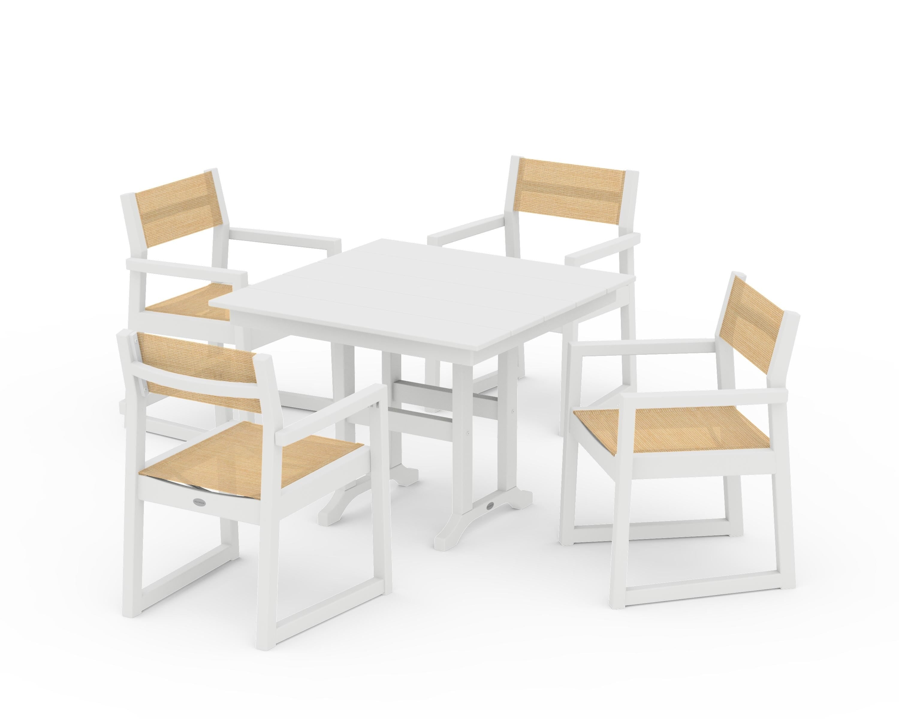 POLYWOOD® EDGE Sling Arm Chair 5-Piece Farmhouse Dining Set in White / Dupioni Apricot Sling