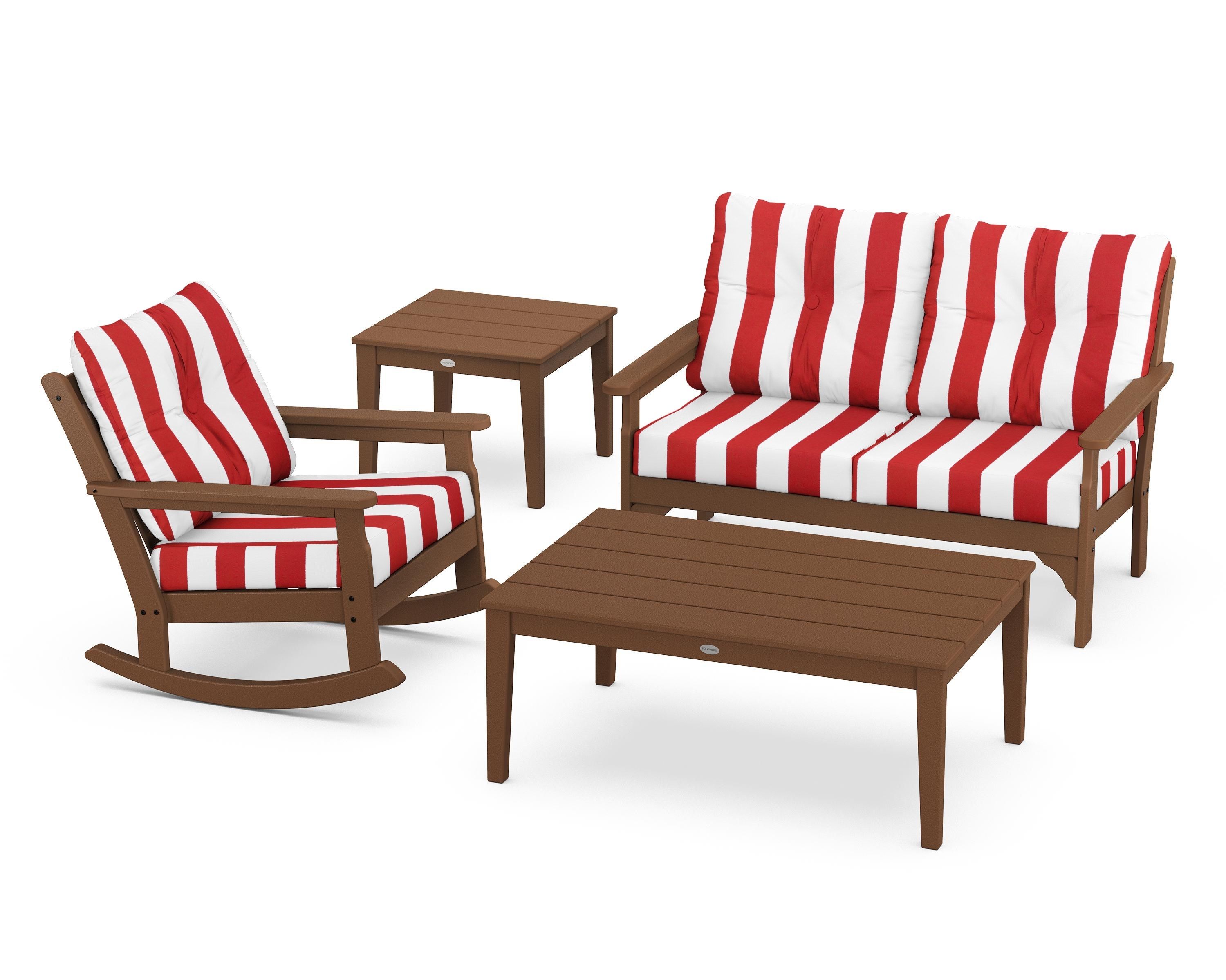 POLYWOOD® Vineyard 4-Piece Deep Seating Rocker Set in Teak / Cabana Stripe Crimson