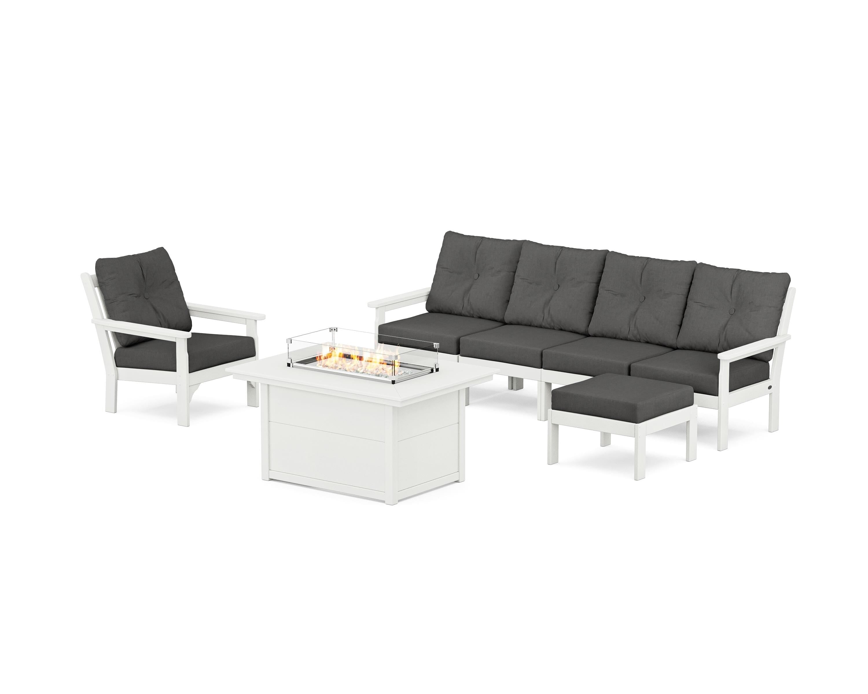 POLYWOOD® Vineyard Sectional Lounge and Fire Pit Set in Vintage White / Spectrum Carbon
