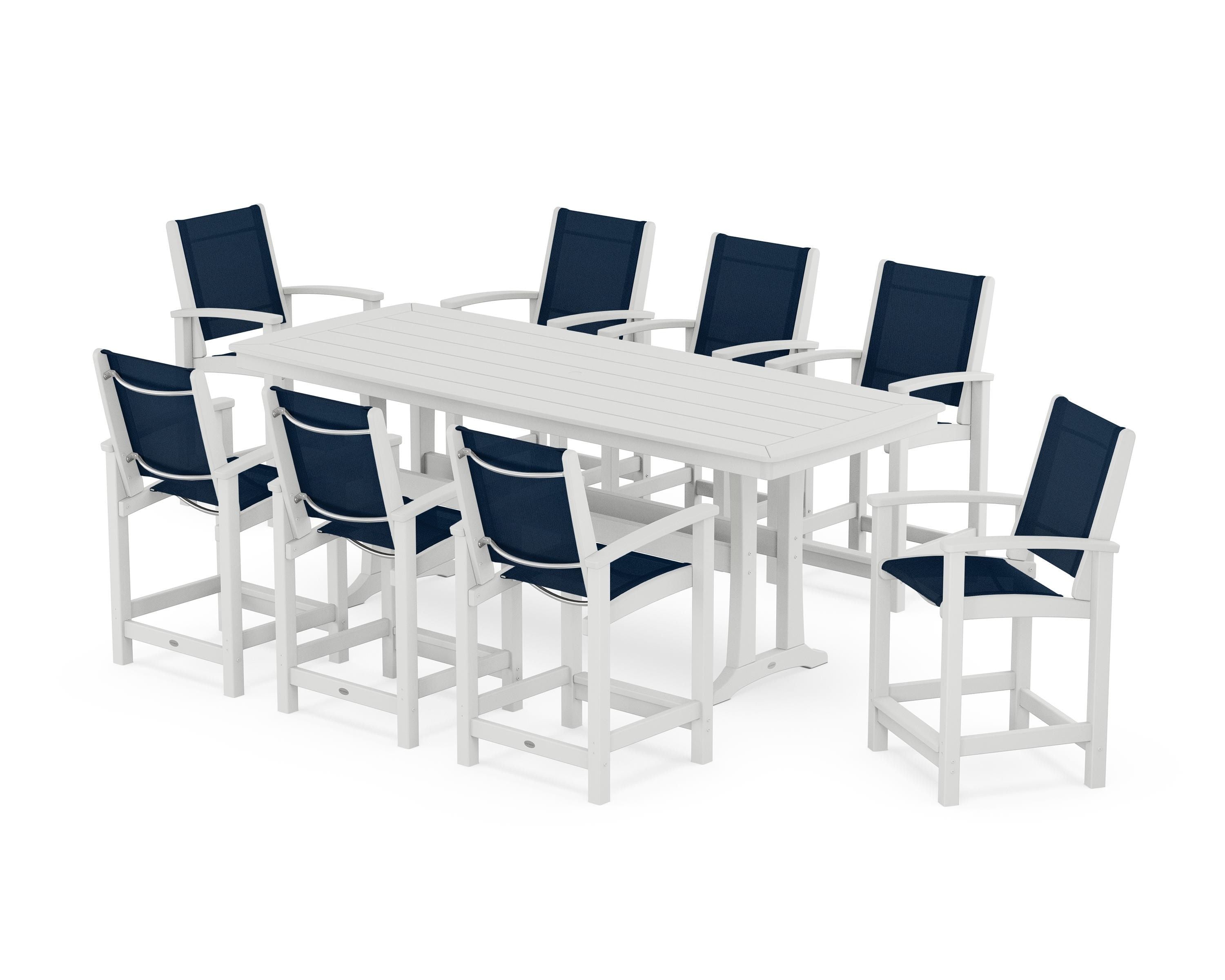 POLYWOOD® Coastal 9-Piece Counter Set with Trestle Legs in White / Navy Blue Sling