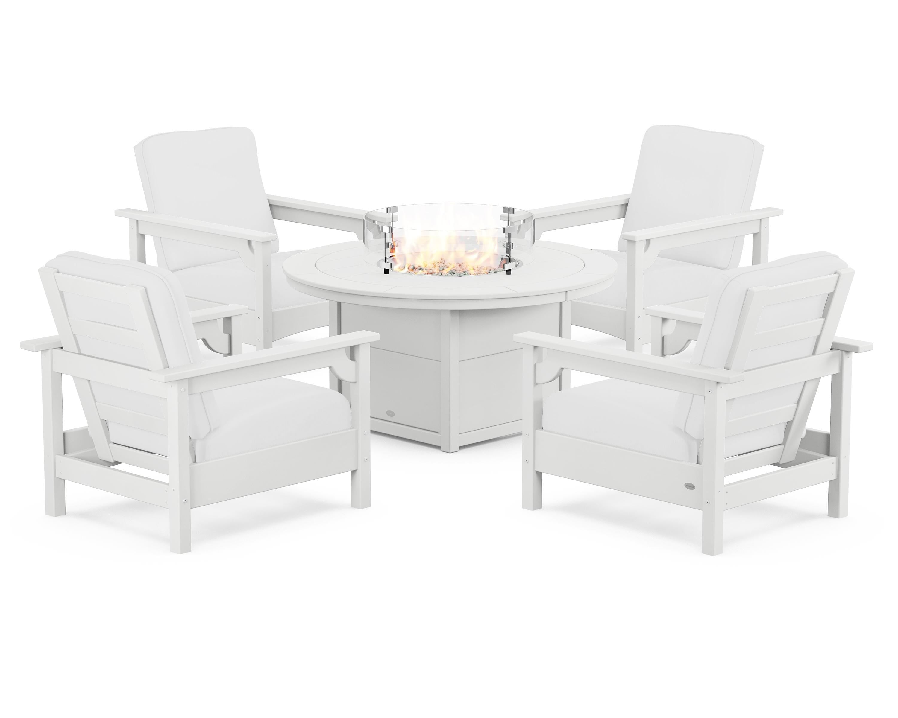 POLYWOOD® Club 5-Piece Conversation Set with Fire Pit Table in White / Natural