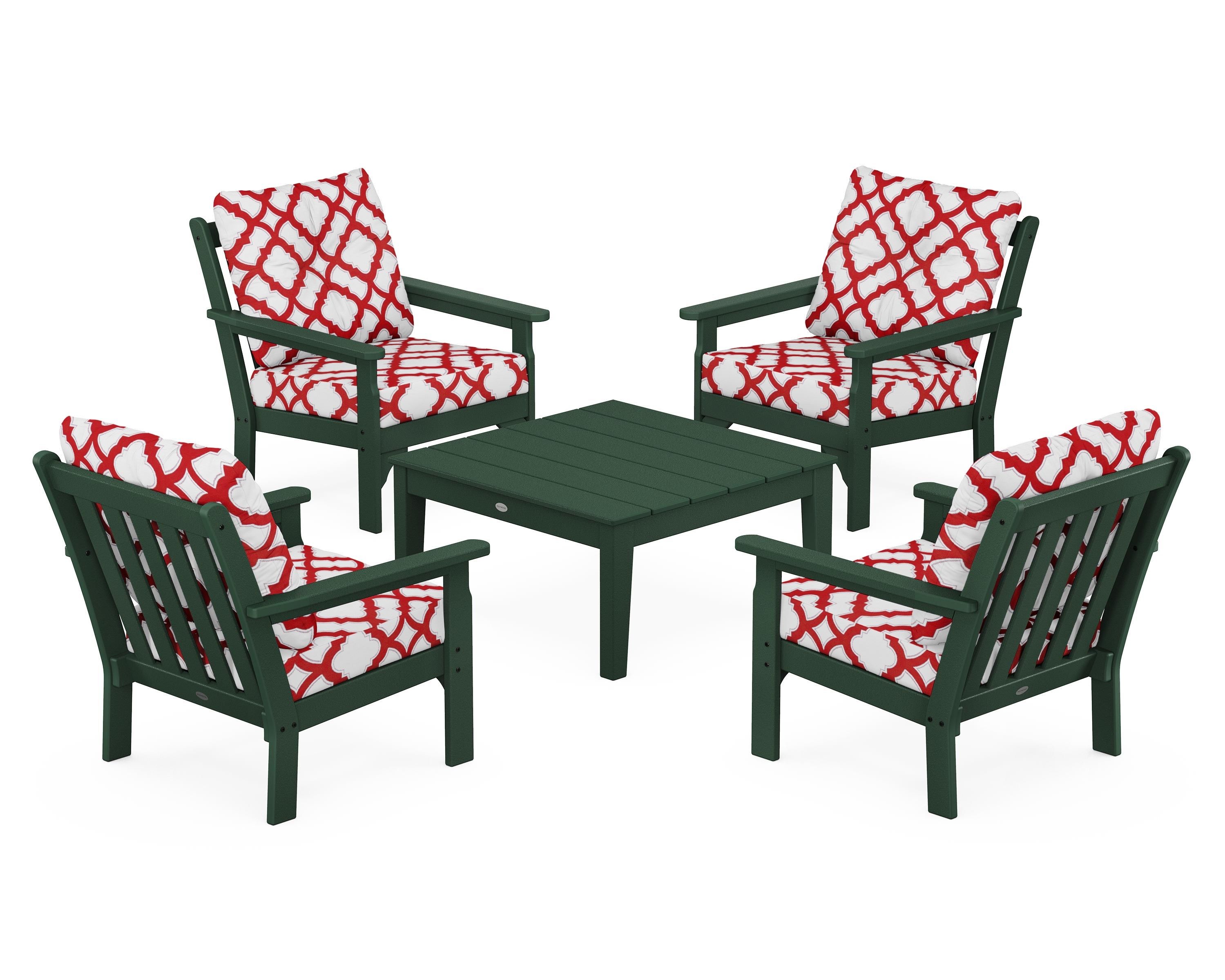 POLYWOOD® Vineyard 5-Piece Deep Seating Conversation Set in Green / Trellis Crimson