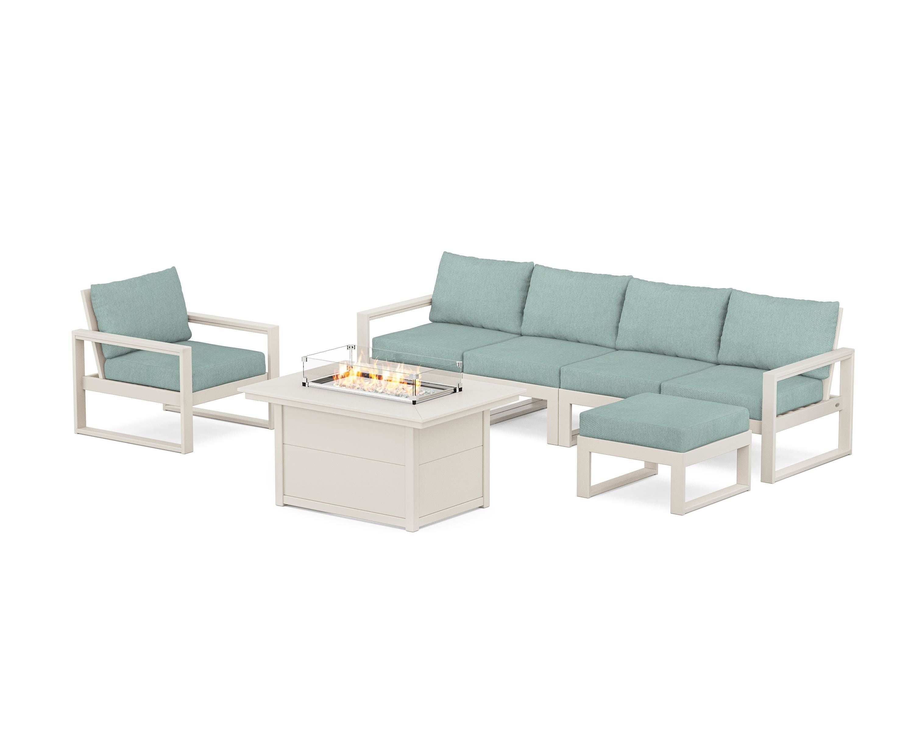 POLYWOOD® EDGE Sectional Lounge and Fire Pit Set in Sand / Glacier Spa